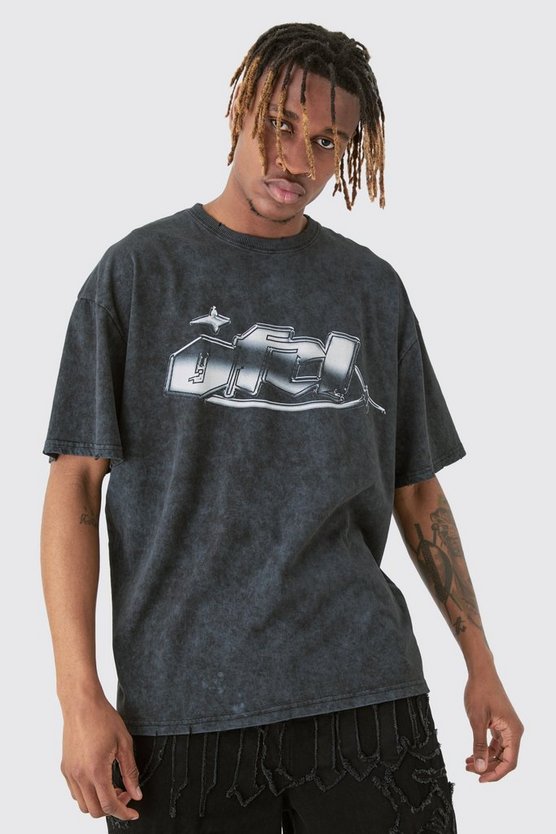 Tall zerrissenes Oversize T-Shirt mit Acid-Waschung und Metallic-Print