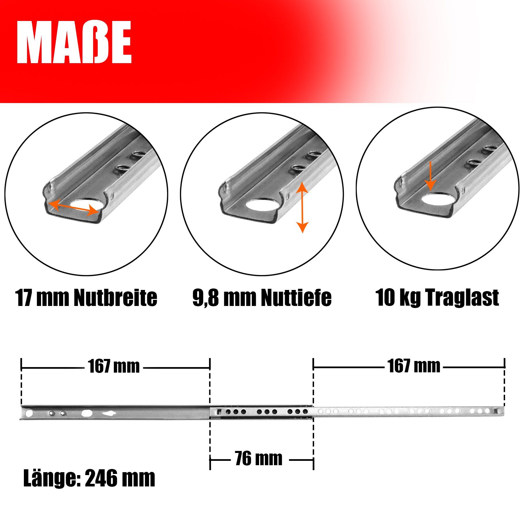 BigDean Auszug 10er Set (5 Paar) Schubladenschienen - 246mm 17mm