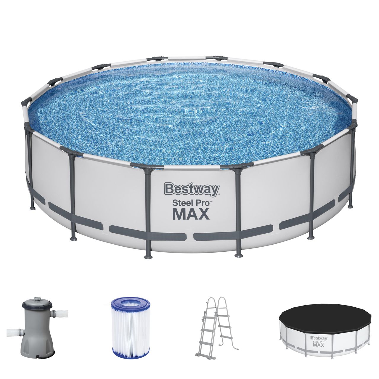 Bestway Steel Pro MAX™ Frame Pool Komplett-Set mit Filterpumpe Ø 427 x 107 cm, lichtgrau, rund