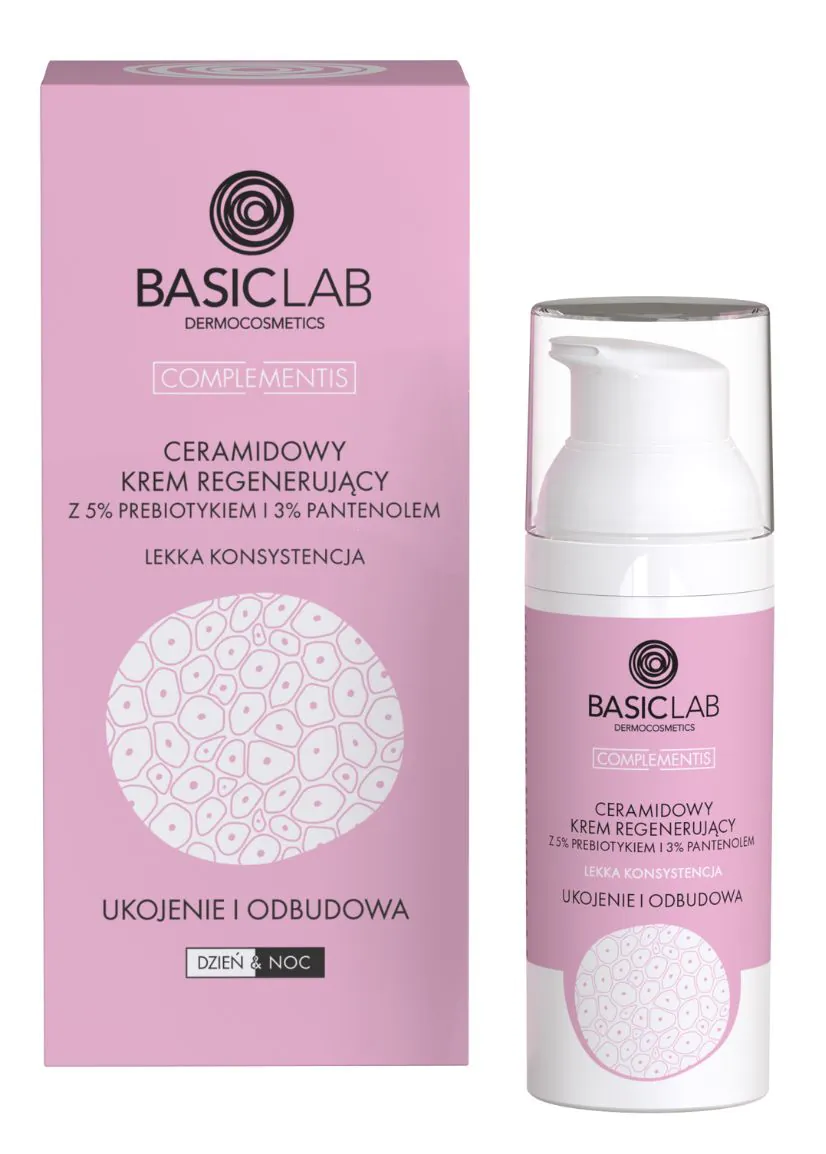 BasicLab Regenererende creme med præbiotika 5% og panthenol 3% med en let konsistens