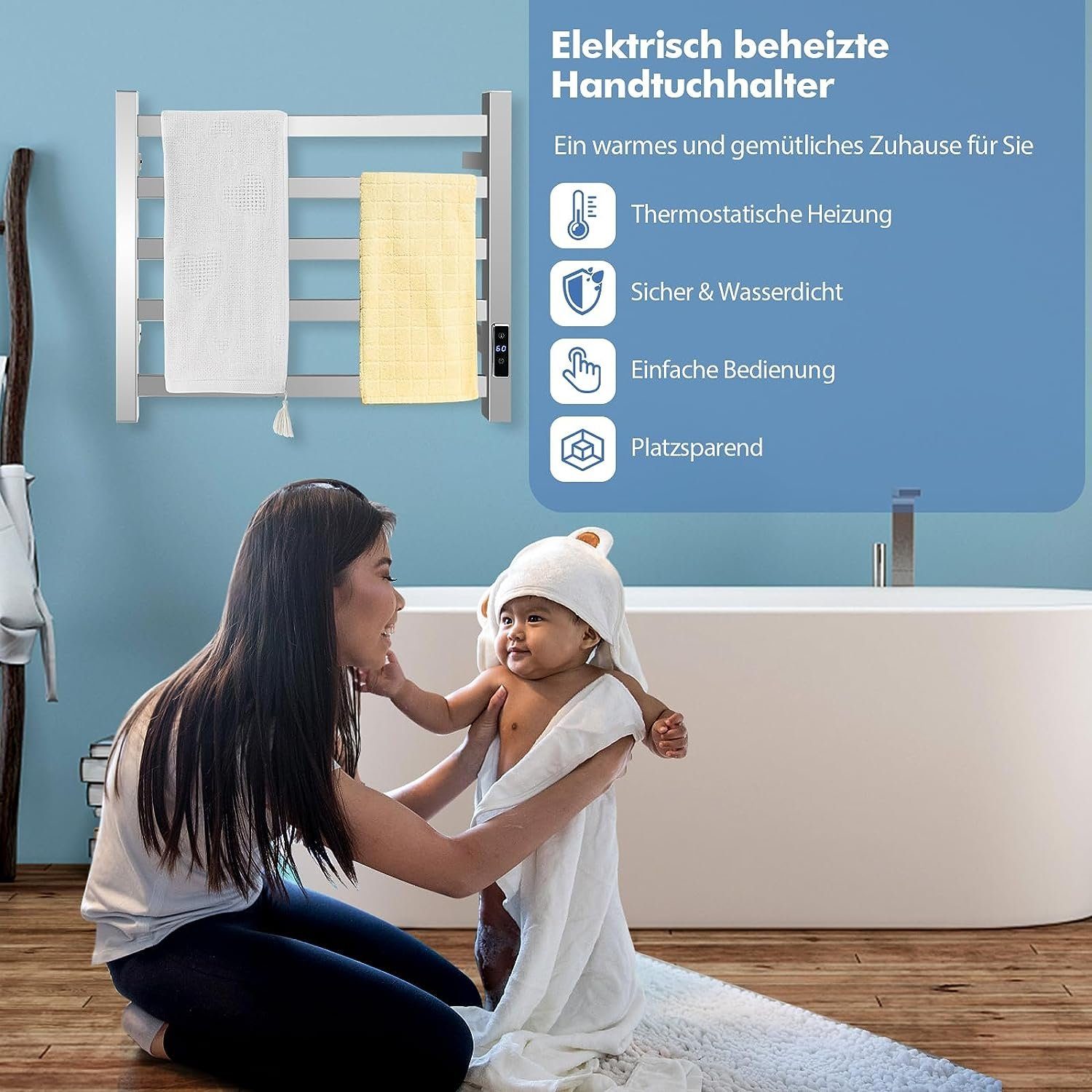 KOMFOTTEU Elektrischer Badheizkörper, mit LED-Touchscreen & Thermostat, Timer & Überhitzungsschutz