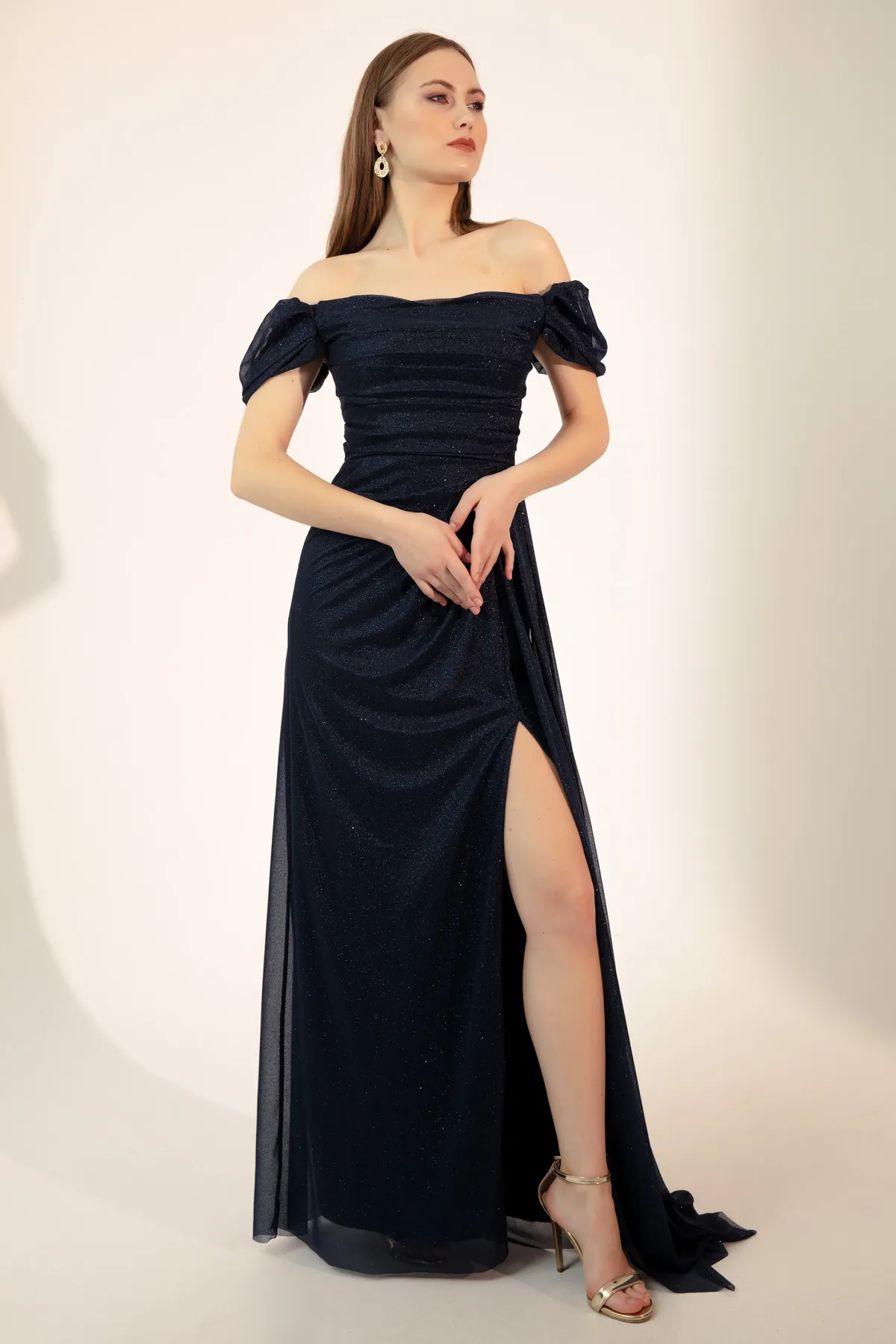 Lafaba  Damen-Abendkleid in Marineblau mit U-Boot-Ausschnitt, drapiertem Schlitz, langes Glitzer-Abendkleid