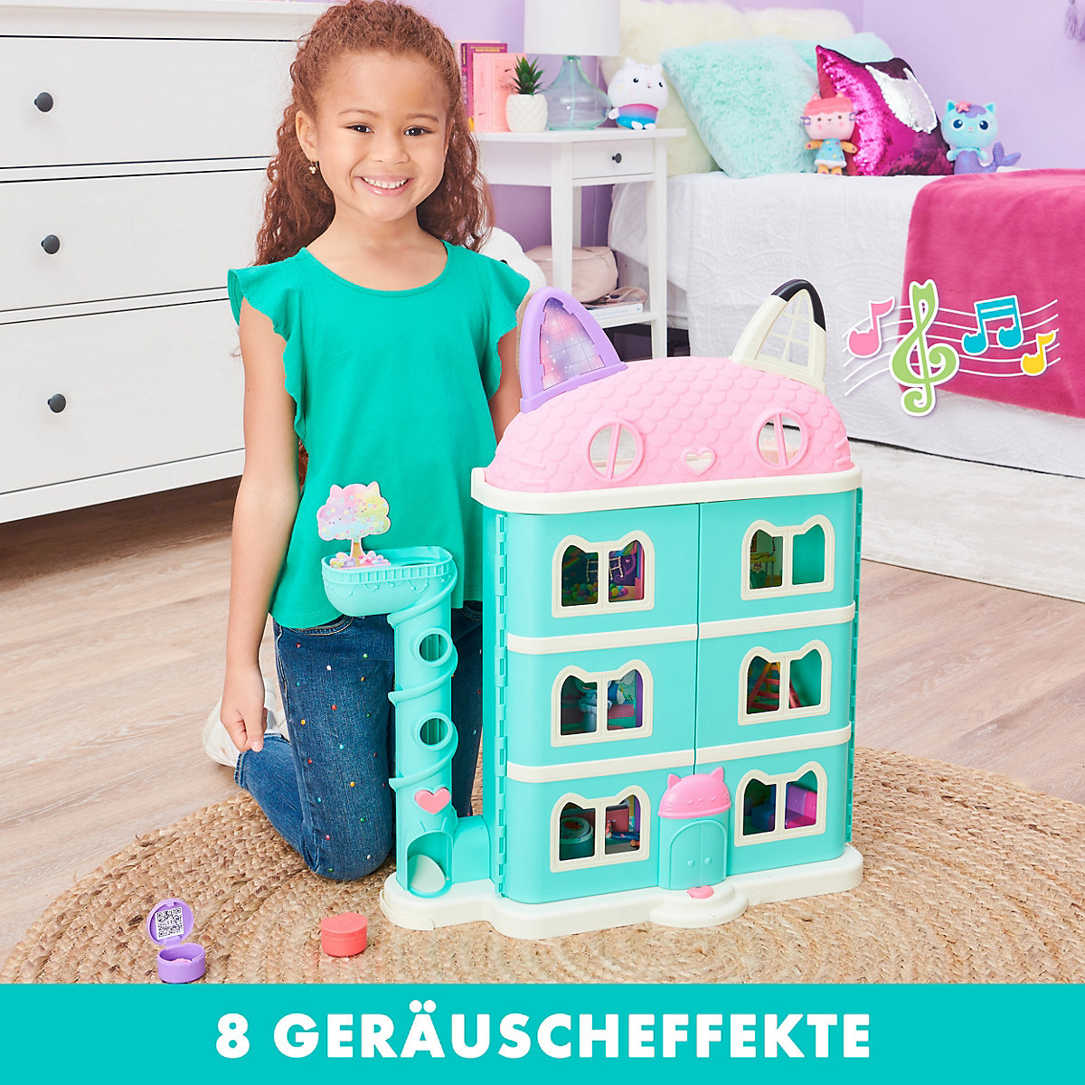Gabby‘s Dollhouse, Puppenhaus mit 2 Spielzeugfiguren, 8 Möbelstücken, 3 Zubehörteilen, 2 Überraschungsboxen und Geräuschen, geeignet für Kinder ab 3 Jahren