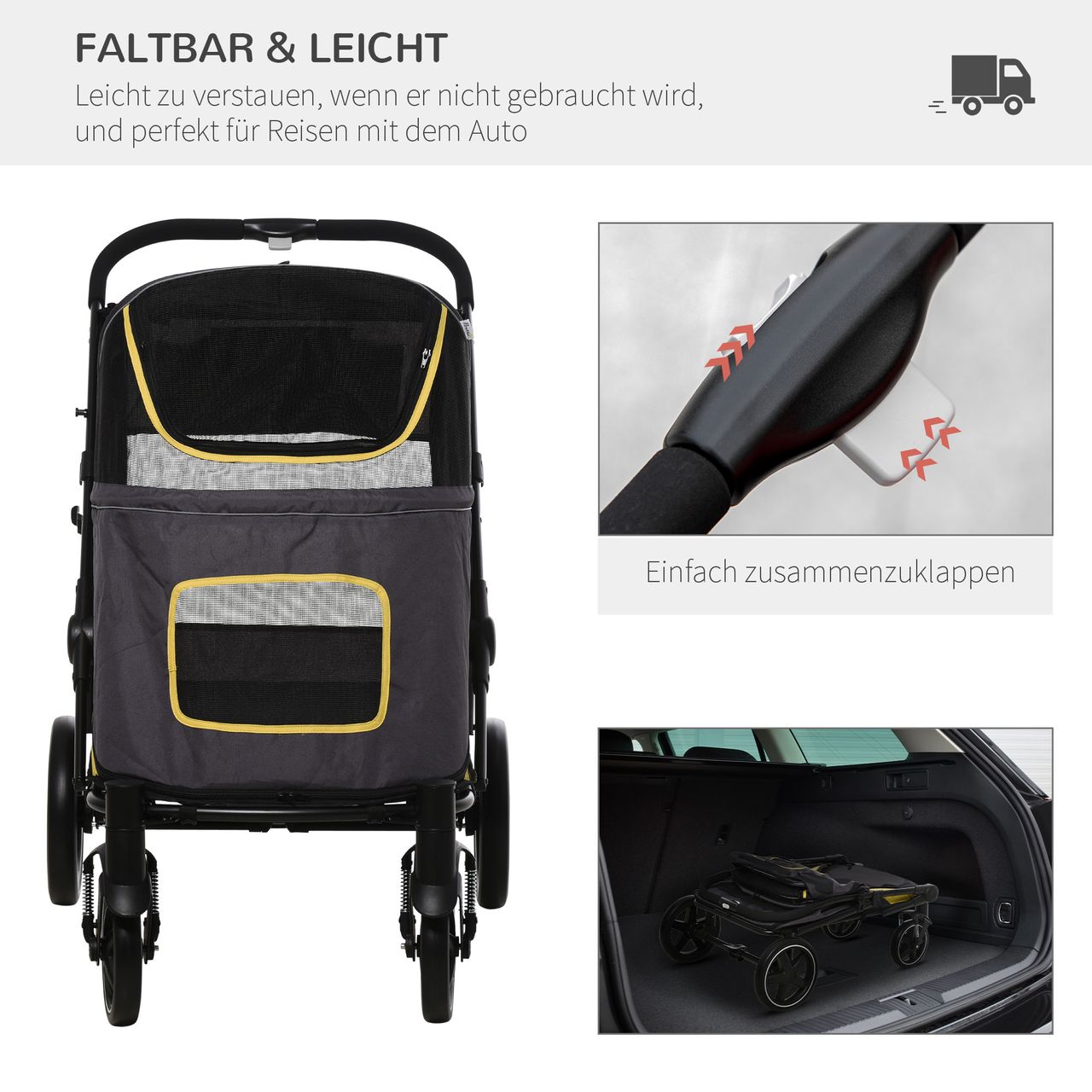 PawHut Hundewagen, faltbarer Hundetrolley, Hundebuggy mit Kissen, Katzenbuggy