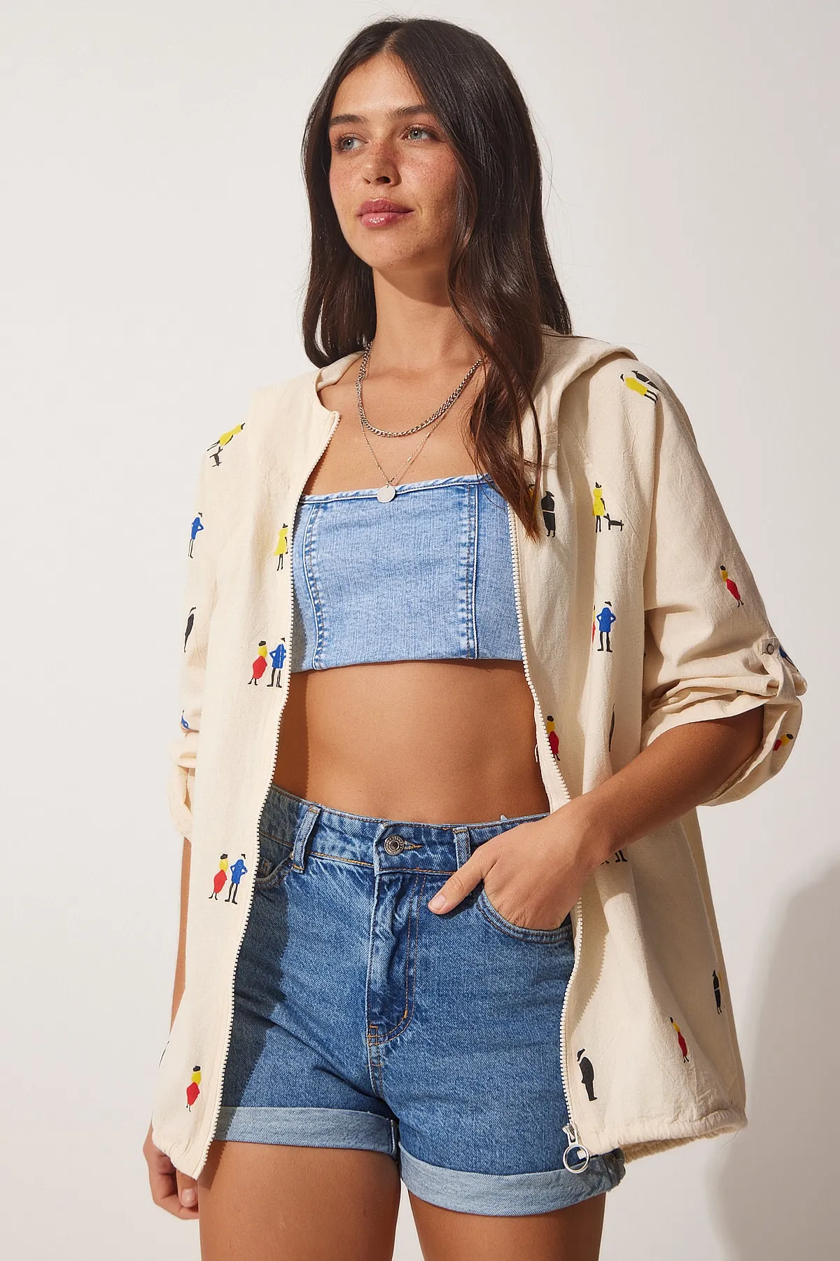 Happiness İstanbul  Cremefarbene bedruckte Jacke aus Rohleinen mit Kapuze für Damen SA00014