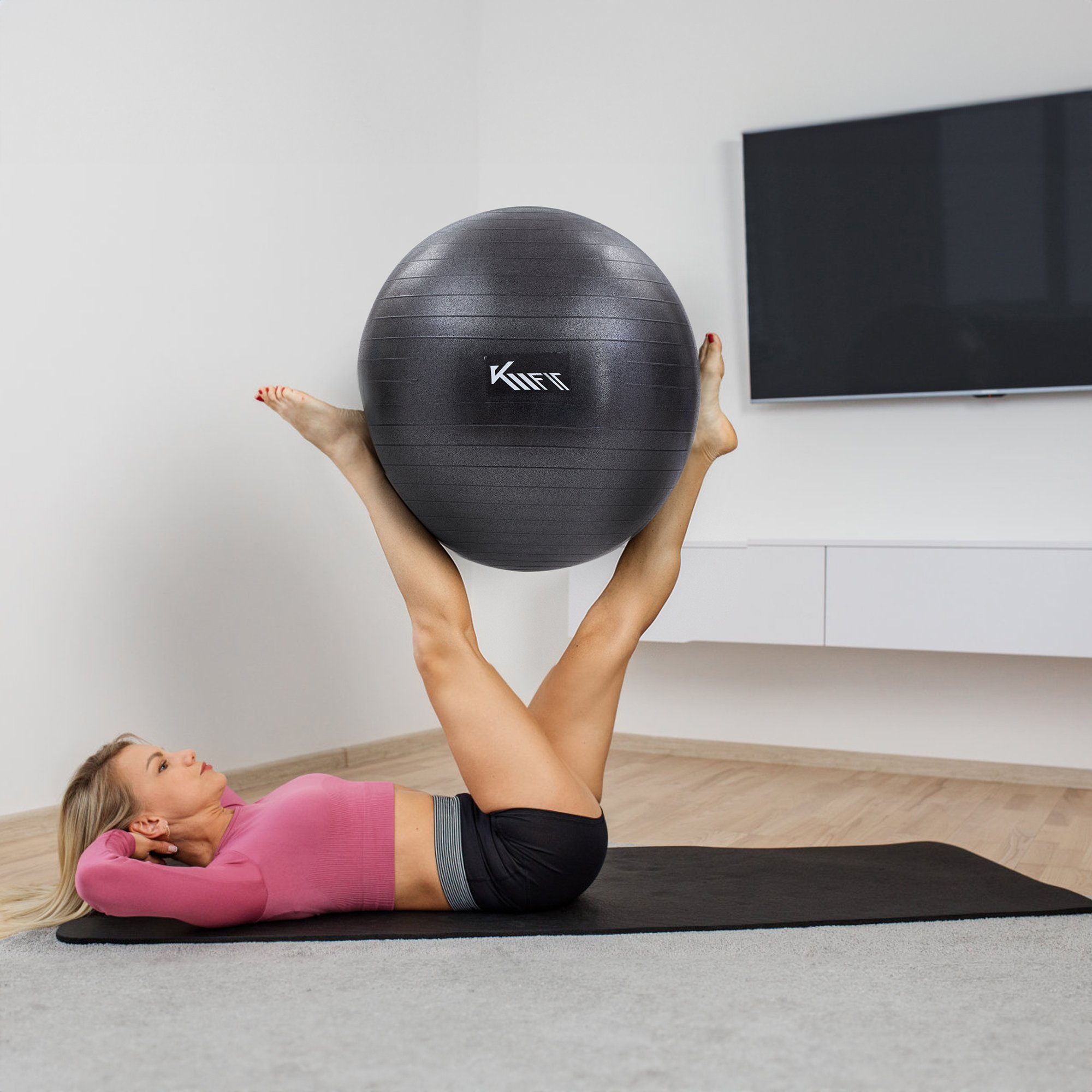 KM - Fit Gymnastikball Trainingsball Sitzball für Fitness,Yoga,Gymnastik 65 cm (mit Luft-Pumpe, Schwarz), Max. Belastbarkeit: 300 kg