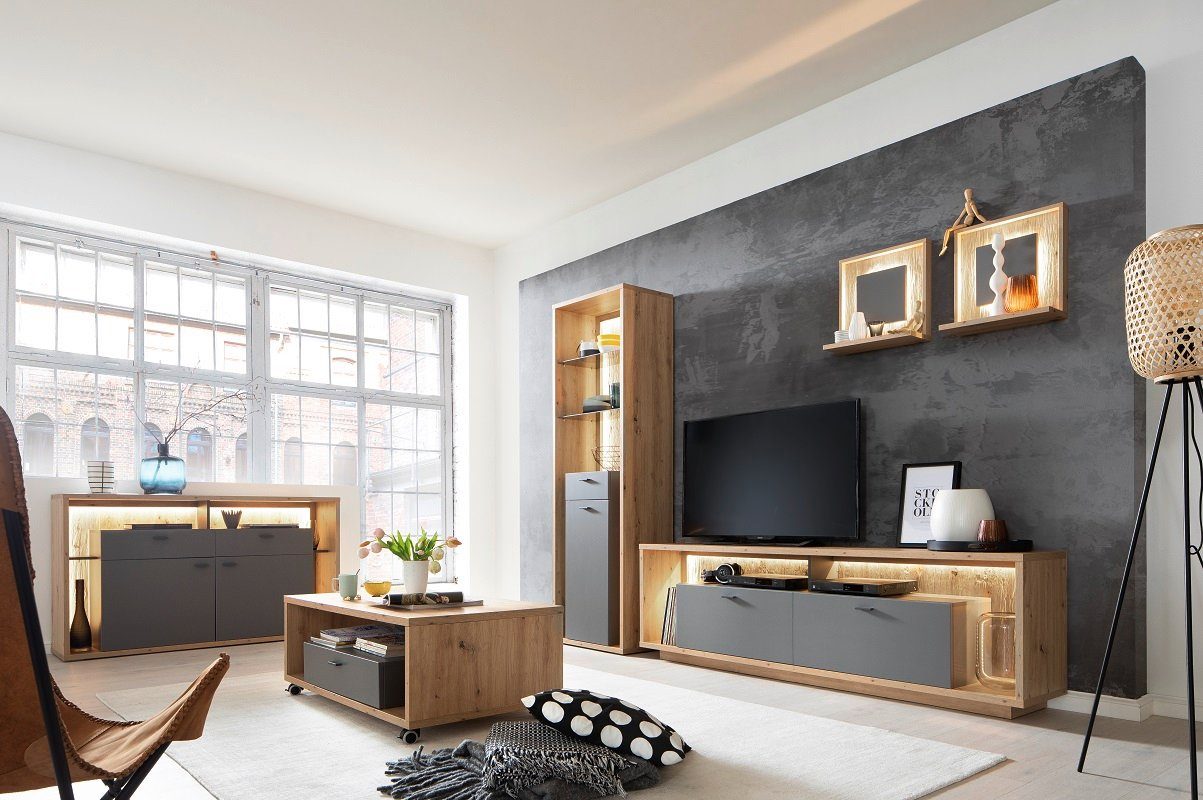 MCA furniture Wohnwand Wohnkombination 1 Lizzano, Balkeneiche / Royal Grey, 3-teilig, LED, (4-St)
