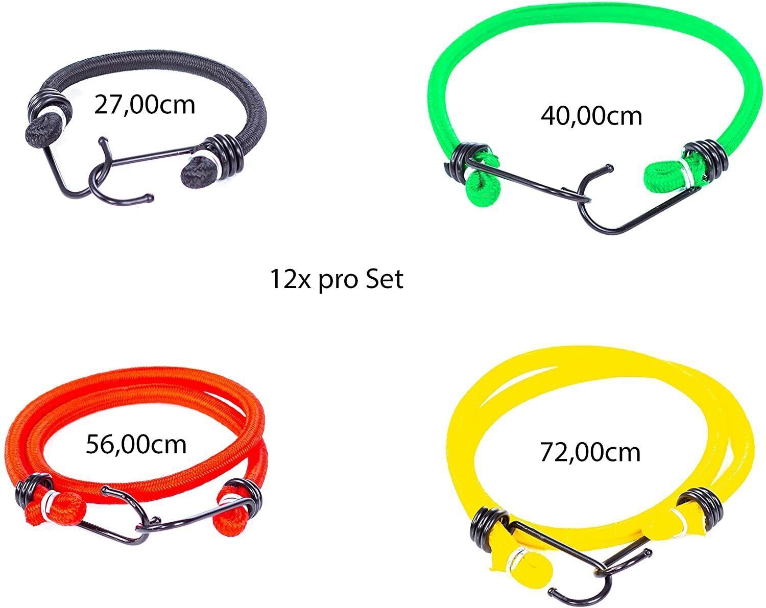 Zamper Spanngurt Expander Spann-Gummis mit Haken - Camping Angeln Trekking & Mehr (Komplett-Set, 12-St., 4x 4 verschiedene Größen) 27, 40, 56 und 72 cm, Verschiedene Farben