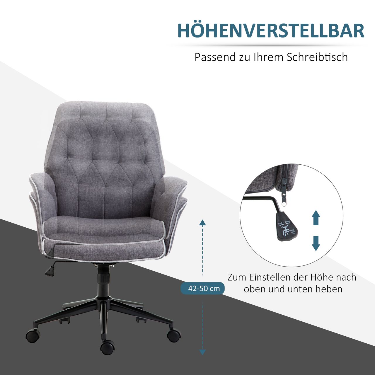 HOMCOM Bürostuhl mit Wippfunktion Drehstuhl Home-Office-Stuhl höhenverstellbarer Schreibtischstuhl ergonomisch 360°-Drehräder Schaumstoff Dunkelgrau 66 x 69 x 89,5-97 cm