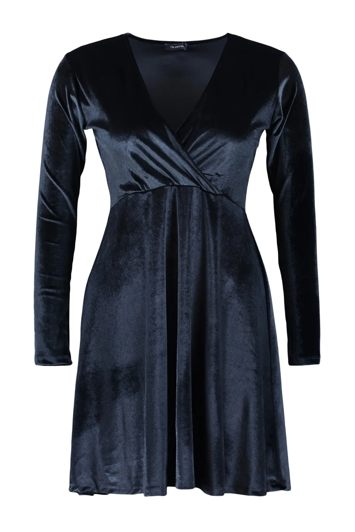 Trendyol Curve  Schwarzes Strickkleid aus Samt mit zweireihigem Kragen und Kragen TBBAW23AH00117