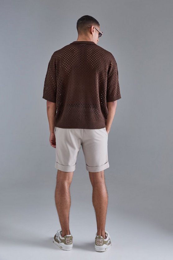 Kastiges gehäkeltes V-Ausschnitt Poloshirt in Braun