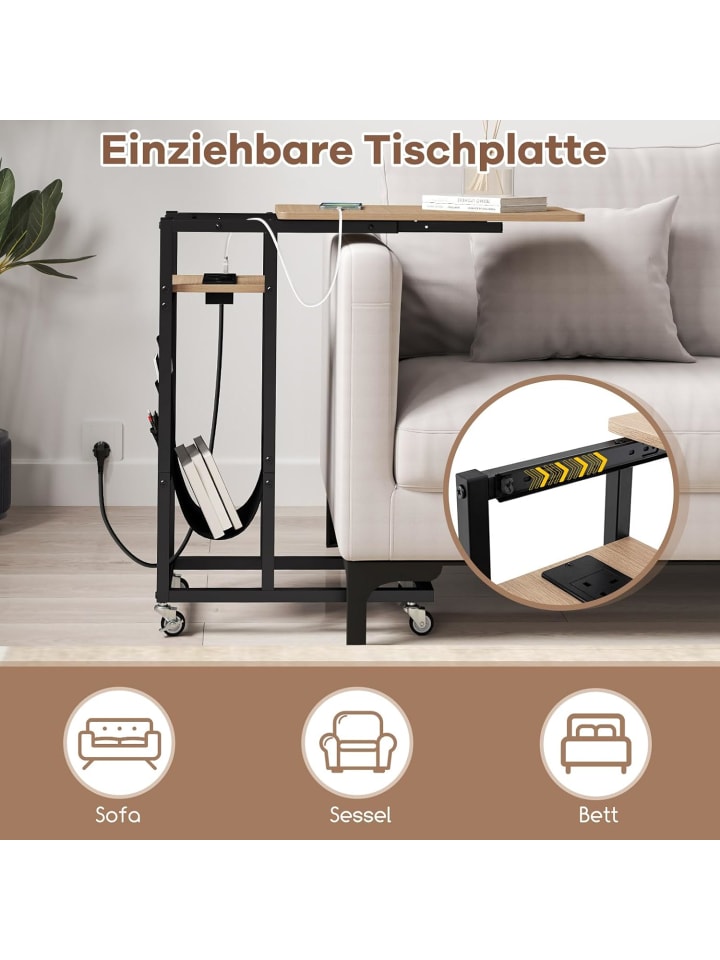 COSTWAY Beistelltisch C-förmig mit Ladestation in Hellbraun günstig kaufen onesize