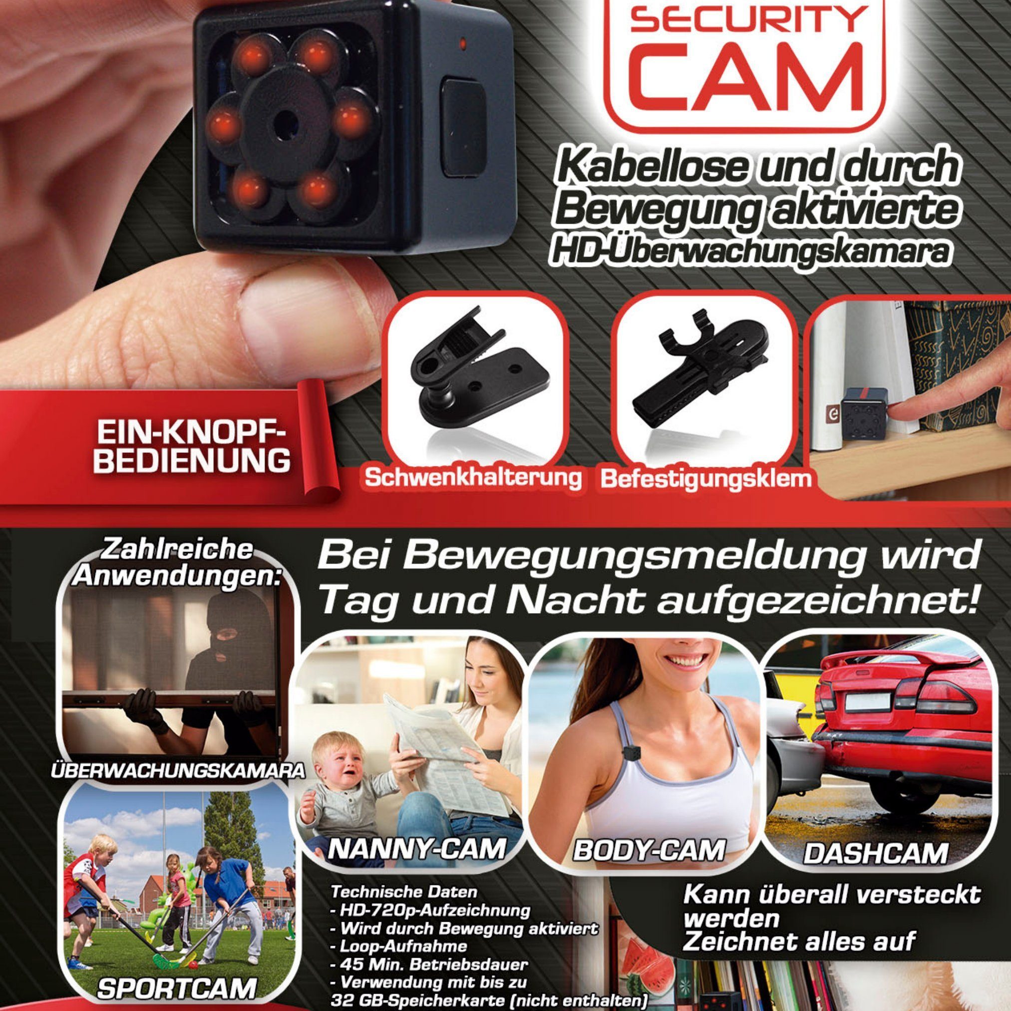 Starlyf Security Cam Überwachungskamera (Außenbereich, Innenbereich, Spar Set 1er oder 2er Pack, 1-tlg., Mini Kamera, Sport Cam, Body Cam, Mini Cam)