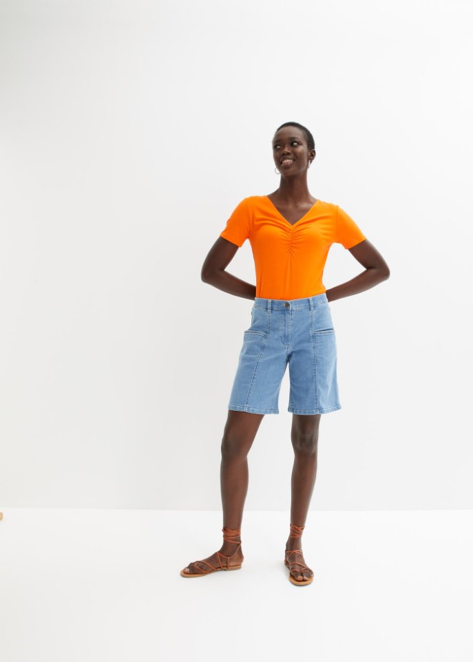 High-Waist-Jeans-Bermuda mit großen Taschen und Bequembund