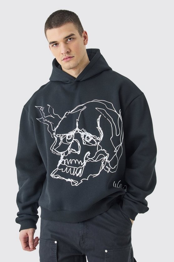 Tall Oversized Boxy Skull Line Drawing Hoodie