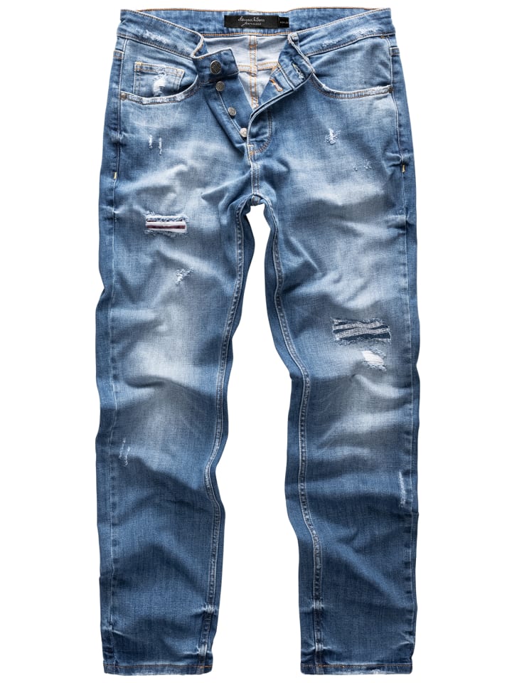 Amaci&Sons Regular Fit Destroyed Jeans KANSAS in Hellblau (Patches) günstig kaufen
