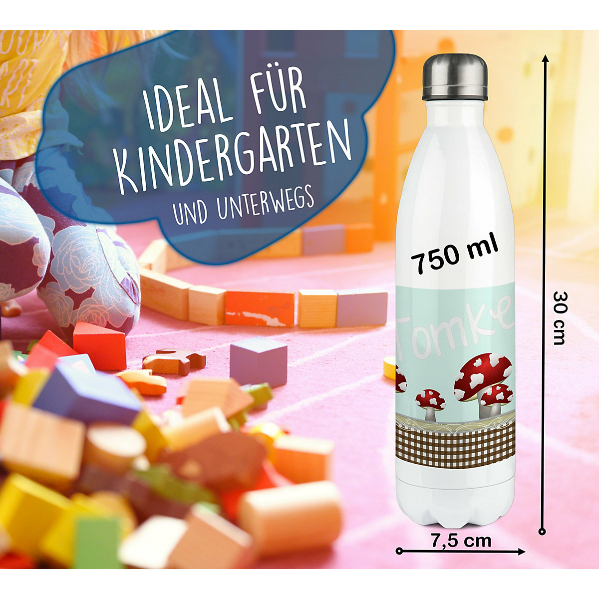 Edelstahl Kinder Thermoflasche / Trinkflasche bunt Pilz Farbe hellblau Spülmaschinenfest, Auslaufsicher, Bruchfest, Doppelwandig, Für Heißgetränke geeignet, Mit Deckel, Isoliert