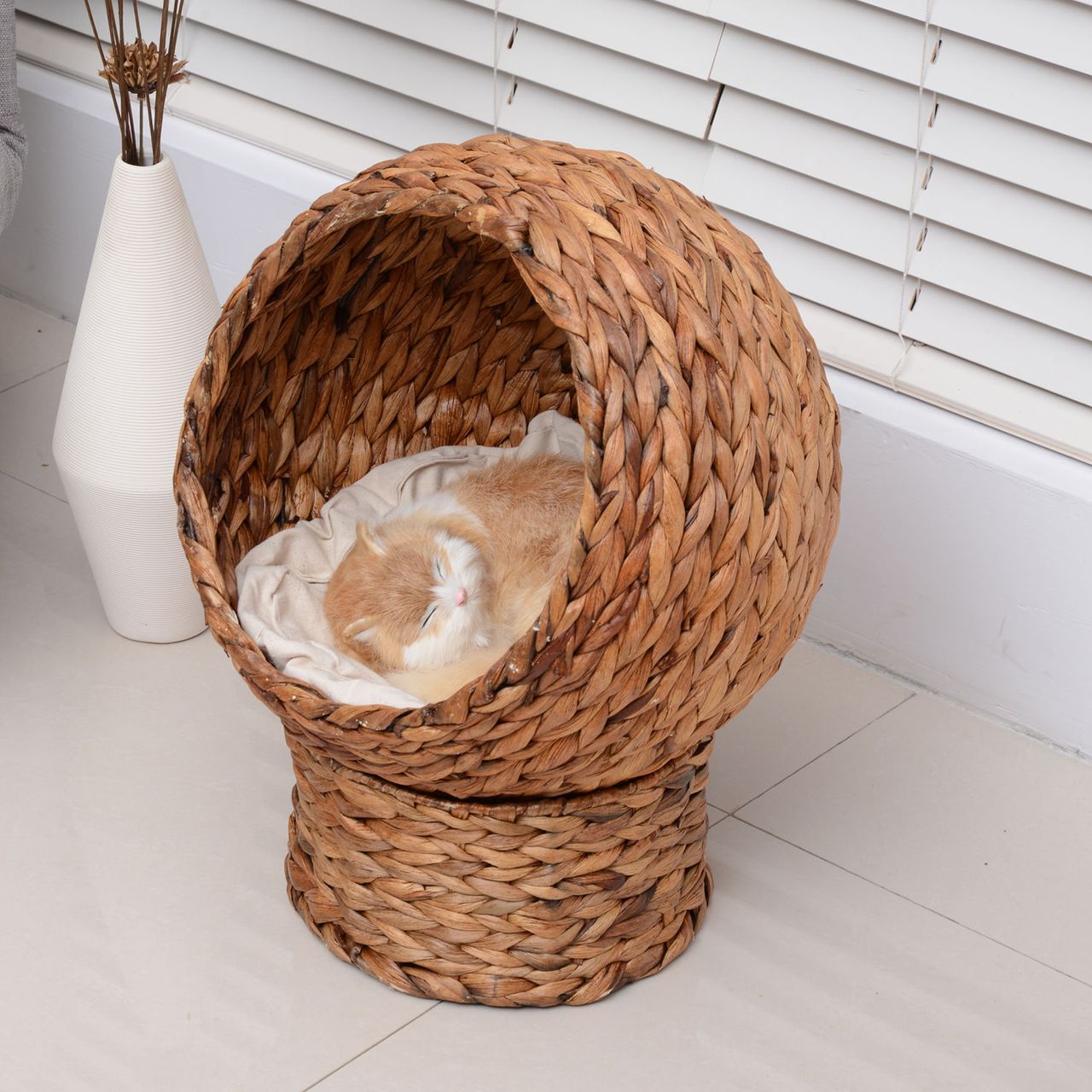 PawHut Rattan Katzenkorb Katzenhöhle Katzenbett mit Kissen Hellbraun