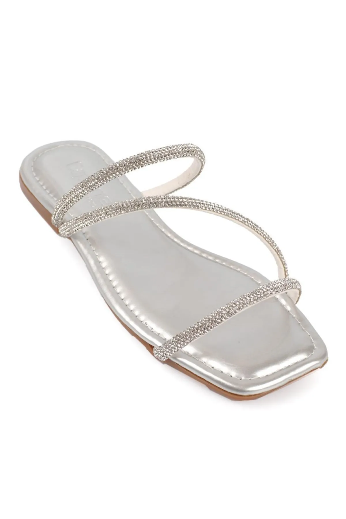 Capone Outfitters  Capone Stoned 3-Striped Flat Heel Quilted Silver Damenhausschuhe