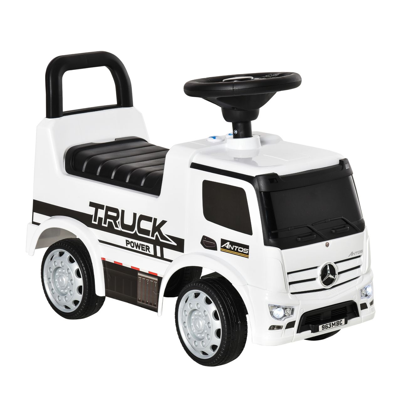 HOMCOM Rutscherfahrzeug Rutscherauto Babyrutscher Kinderfahrzeug lizenziert von Mercedes ANTOS-LKW-Stil mit Licht für Kinder von 12 bis 36 Monaten Metall PP-Kunststoff Weiß Schwarz 62,5x28,5x45cm