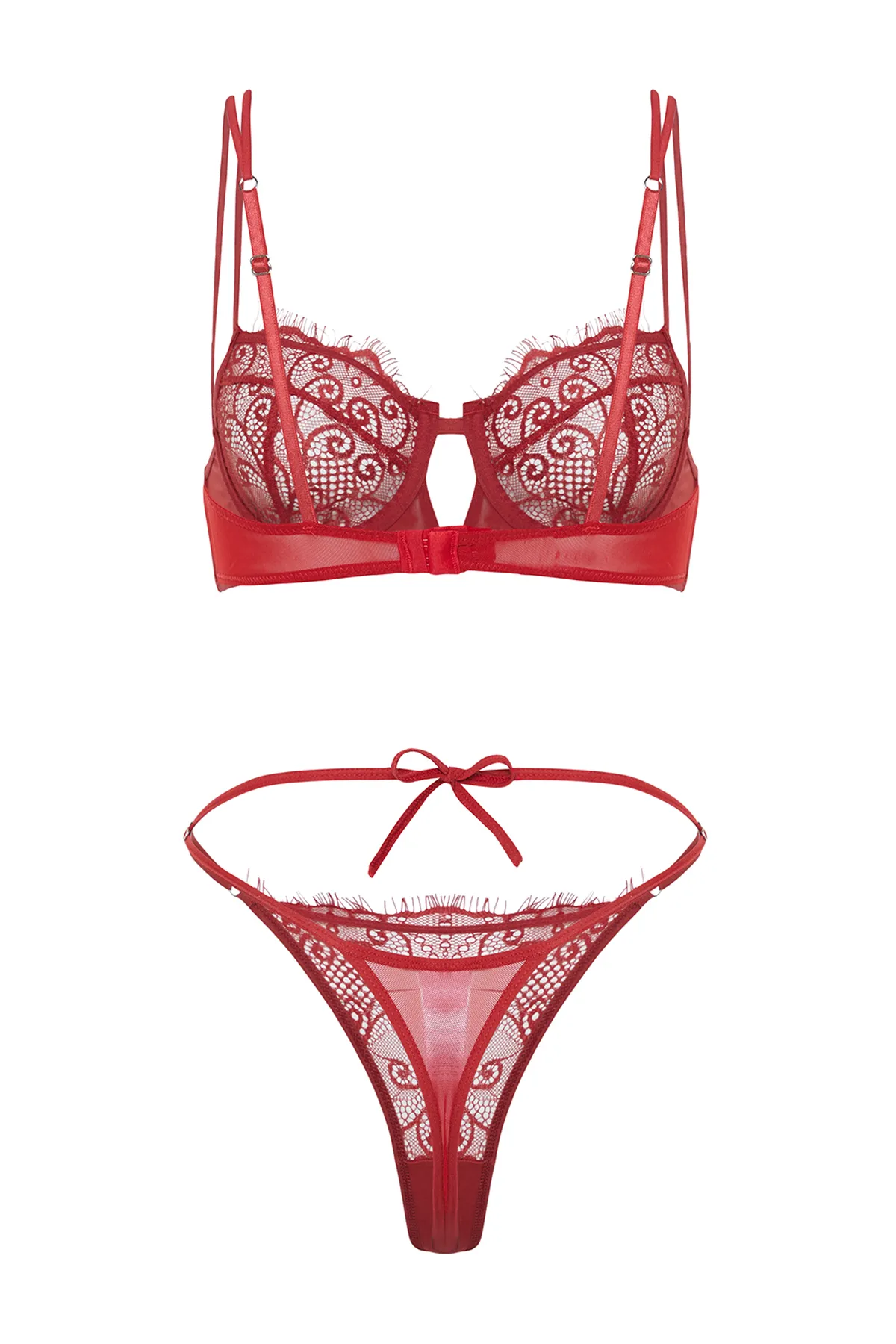 Trendyol Collection  Rotes, kappenloses Dessous-Set aus Strick mit Spitzenbesatz und Seilriemen THMSS24CC00025