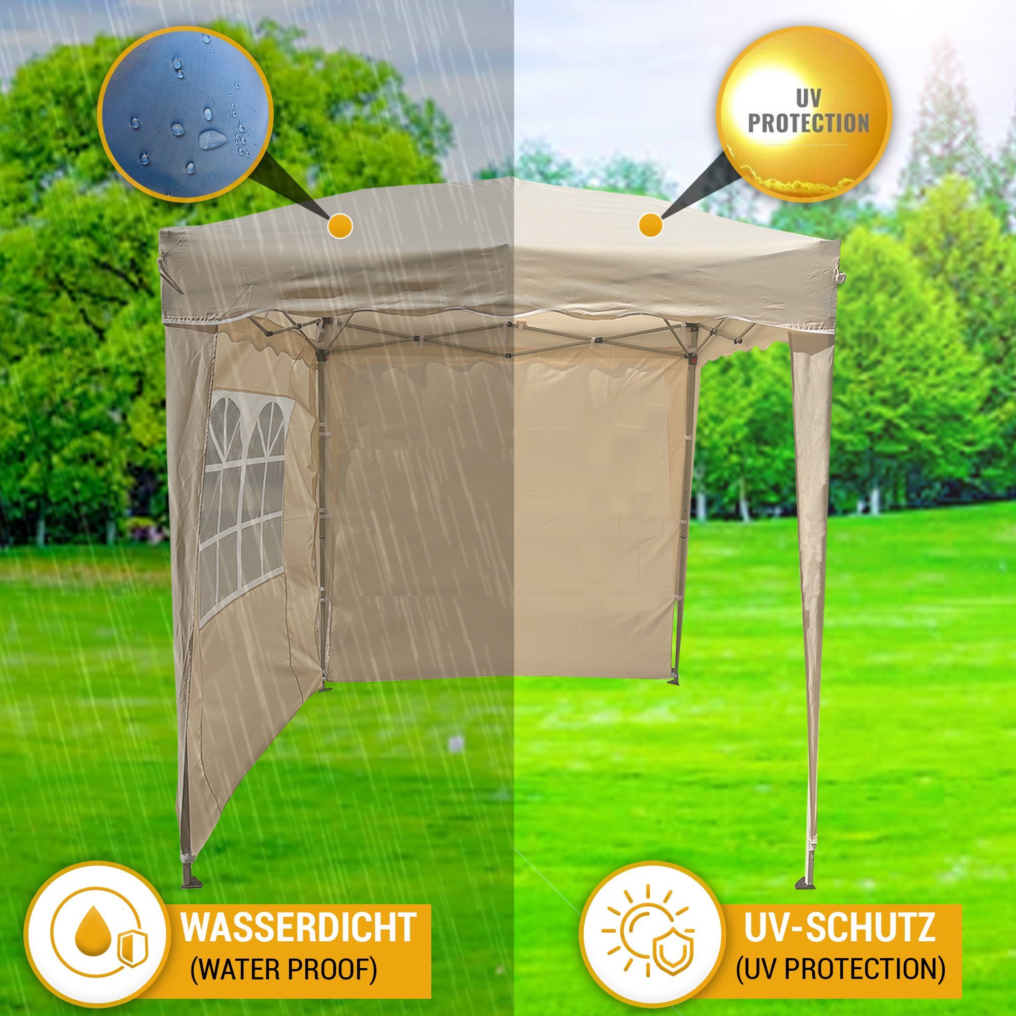 Defactoshop Faltpavillon Faltpavillon Klappzelt 2x2m Zelt + 2 Seiten Wasserdicht, mit 2 Seitenteilen