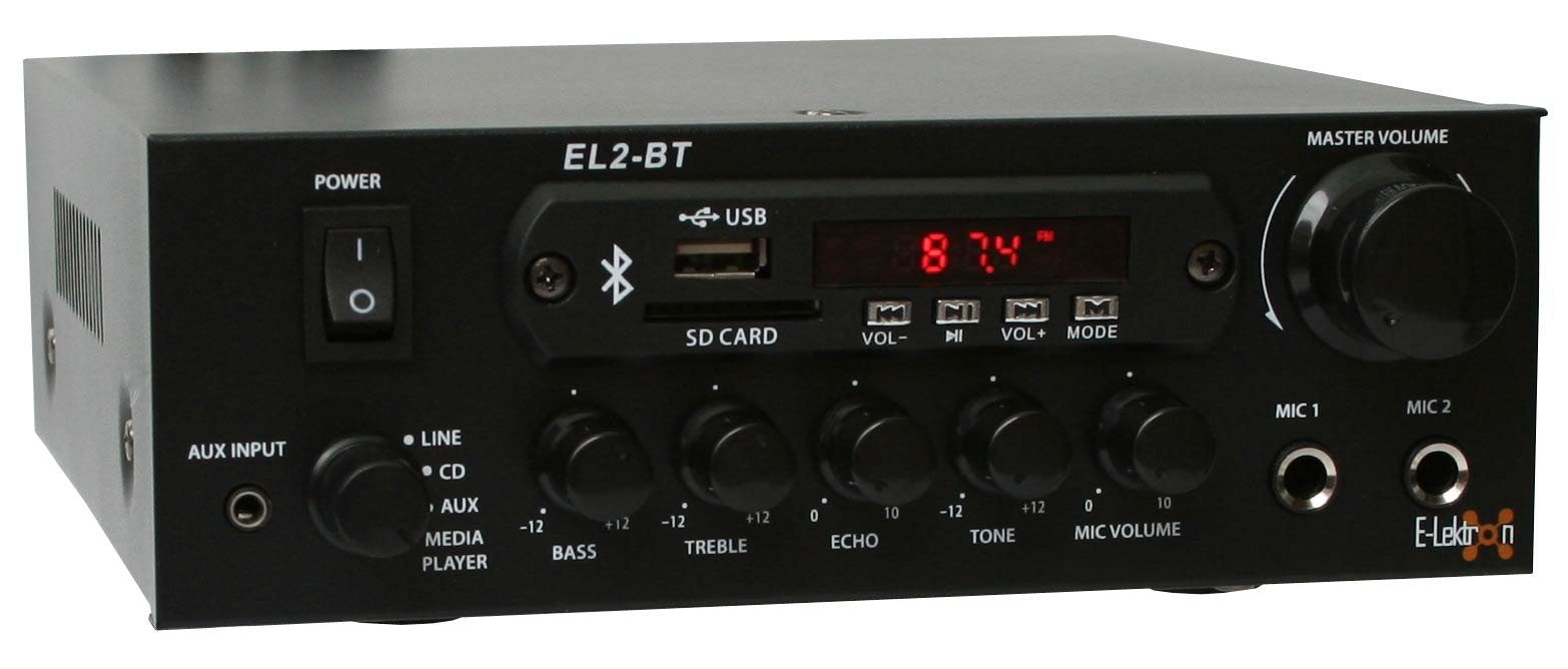 E-Lektron EL2-BT Audioverstärker (Anzahl Kanäle: 2, 25,00 W, Class-D, FM-Radio, Bluetooth-Empfänger, USB/SD, Karaoke-fähig)