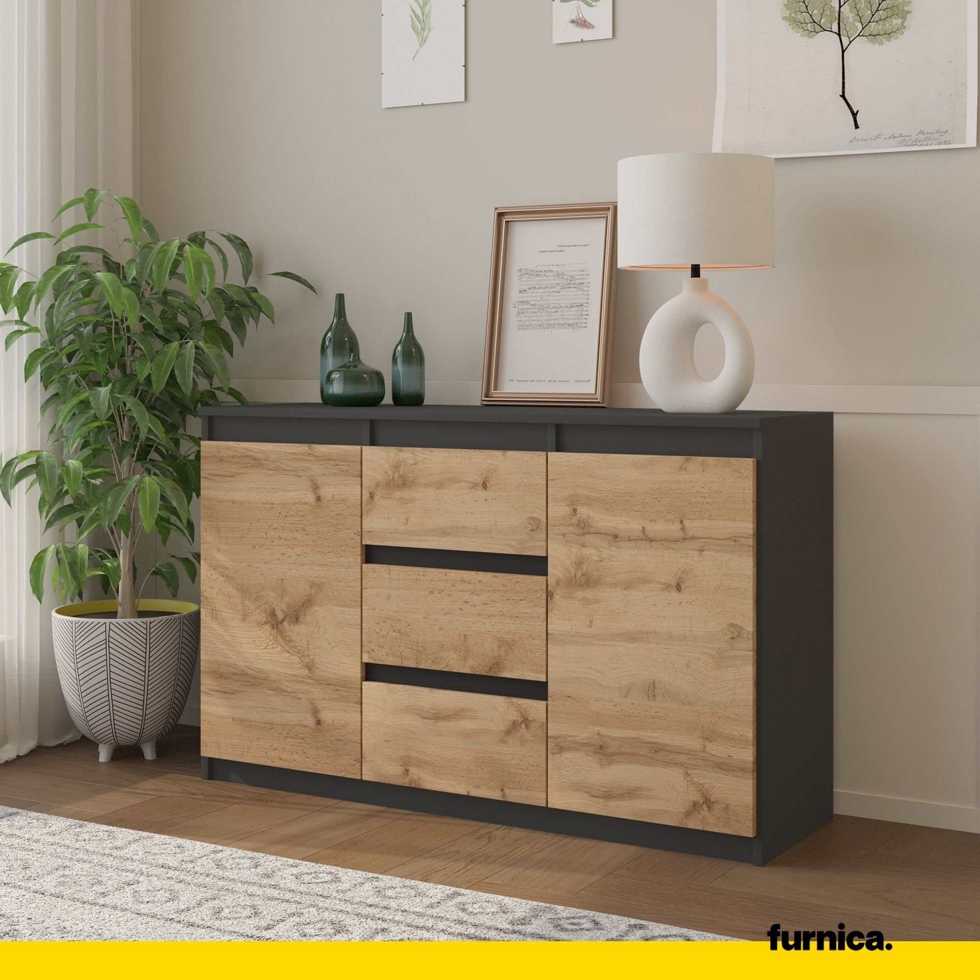 Furnica Kommode MIKEL, 3 Schubladen und 2 Türen - Anthrazit Grau H75cm B120cm T35cm (1 St)