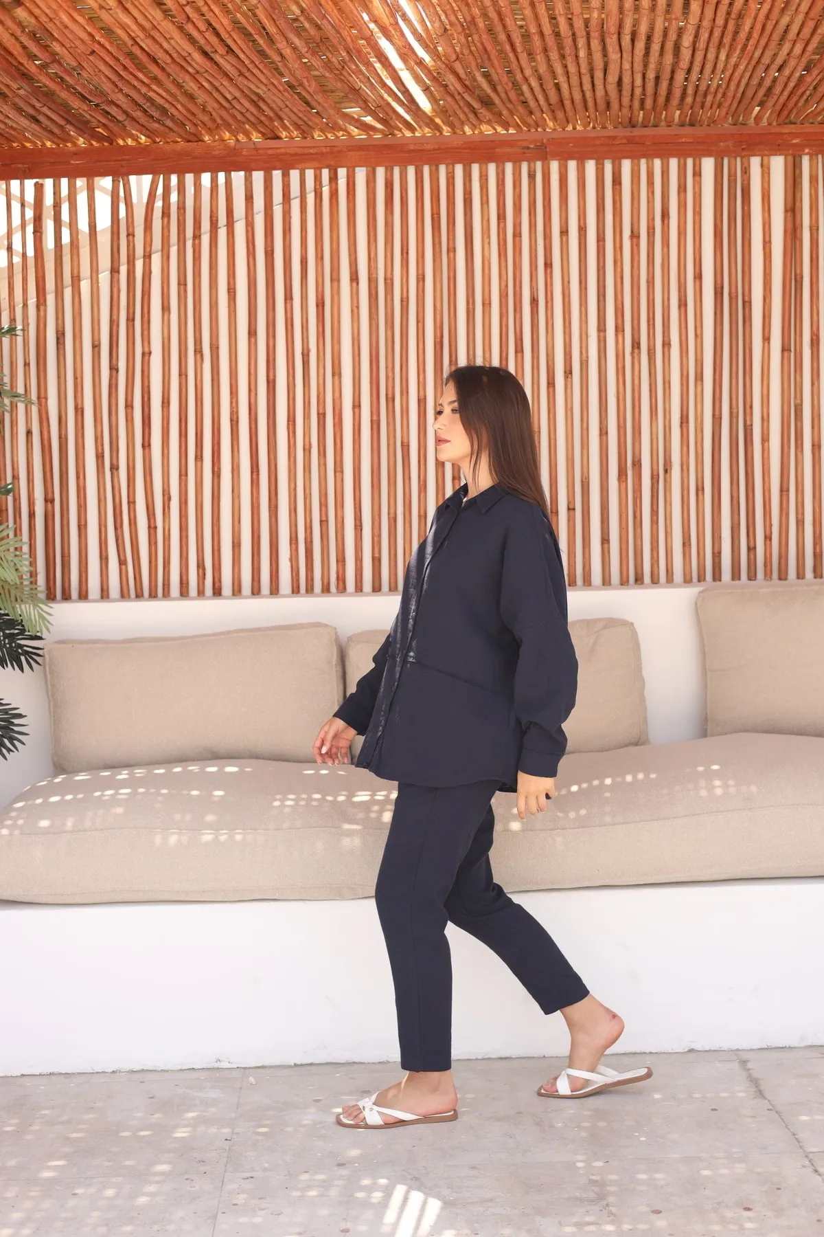 Laluvia  Marineblauer, roher Leinenhemd-Hose-Damenanzug