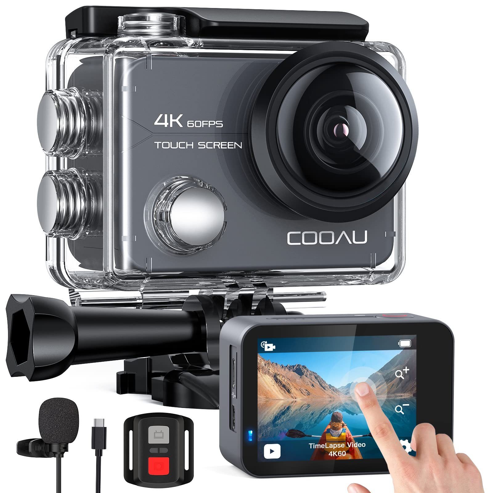 COOAU CU-SPC02 Action Cam 4K 60fps 20MP Touchscreen WiFi Sport Kamaras Action Cam (Ultra HD 4K, 2.4GHz WLAN( WiFi, 8x opt. Zoom, 6-Achsen-Anti-Shake-EIS,mit 8 x Zoom,Externem Mikrofon, 2-Zoll-IPS-empfindliche Touchscree, 2x1350mAh Akkus, 16 Zubehör K