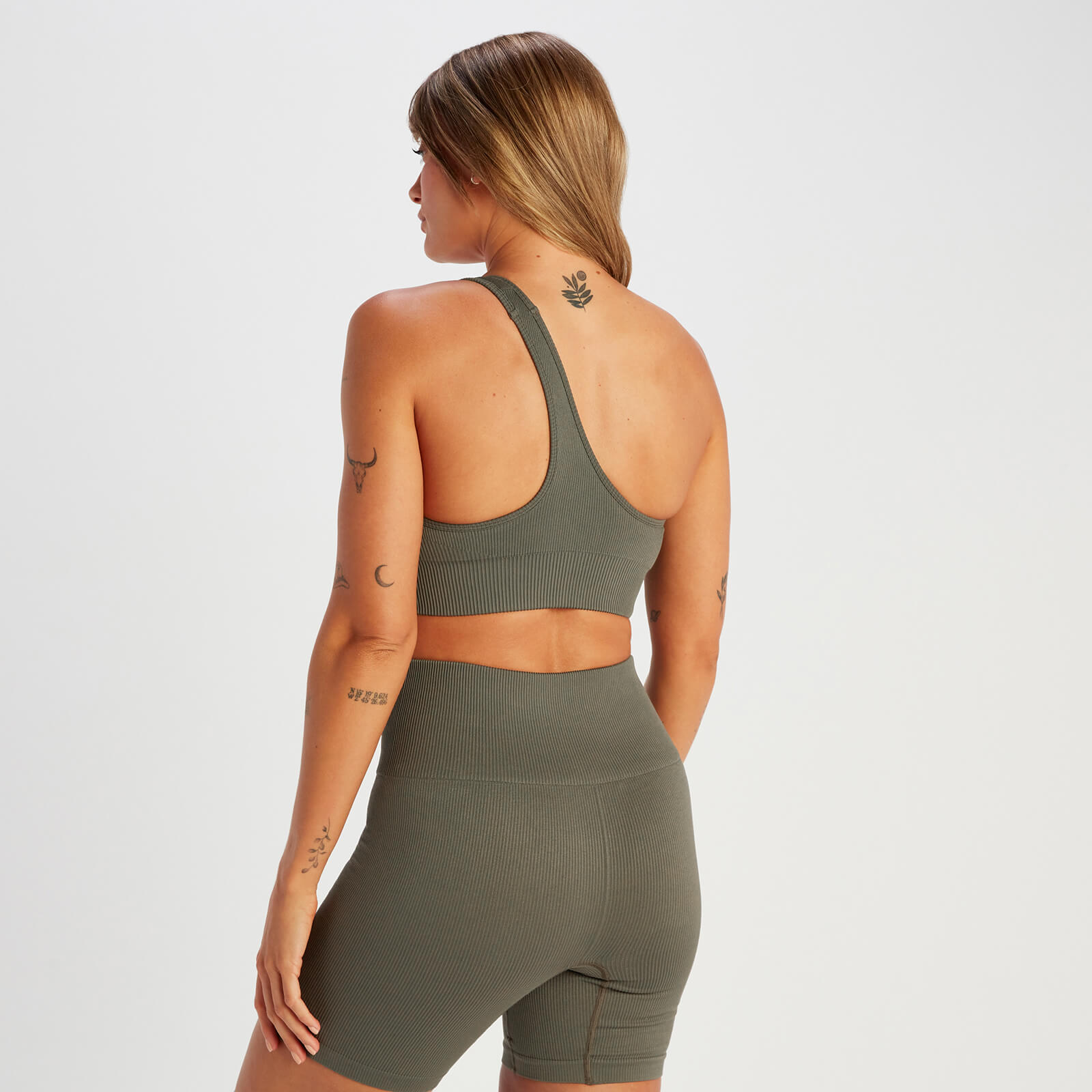 Brassière asymétrique côtelée sans coutures MP Tempo pour femmes – Vert taupe