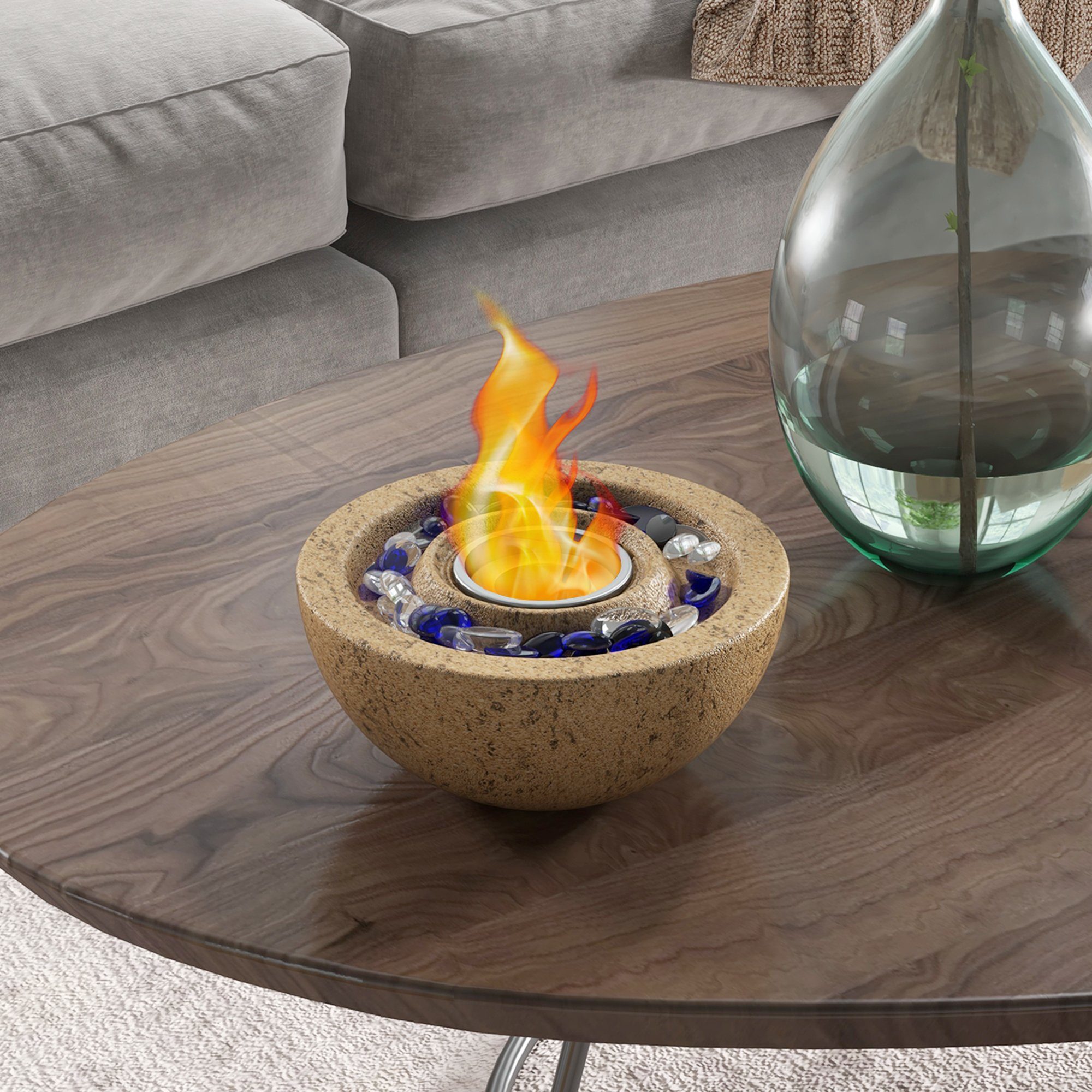 HOMCOM Echtfeuer-Dekokamin 0,4L Tischfeuer mit Feuerdeckel, Ethanol-Feuerschale mit Steinoptik (Ethanol Kamin, 1-St., Tischkamin), für bis 10 m² Wirkungsbereich, Gelb