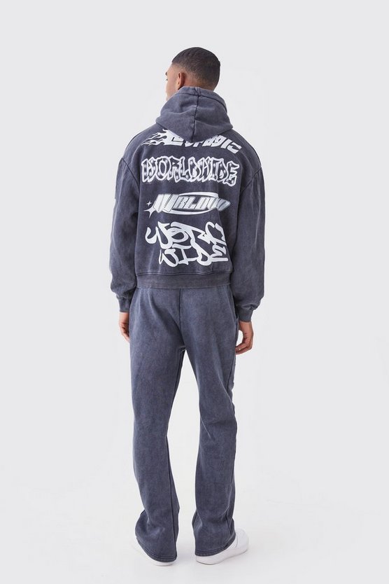 Tall kastiger gerippter Oversize Trainingsanzug mit Print und Kapuze