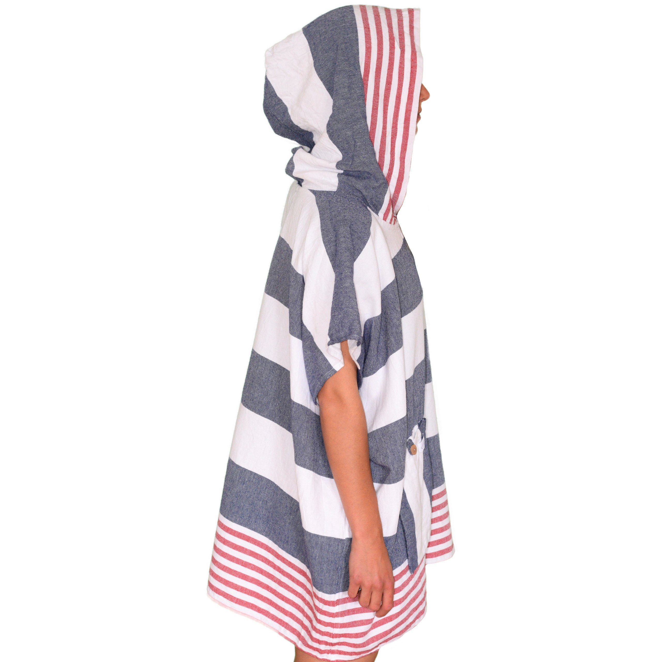 Lou-i Badeponcho Badeponcho bunt gestreift Made in Germany Surfponcho (leicht & schnell trocken) - Badeumhang, Kapuze, mit Kapuze und Tasche