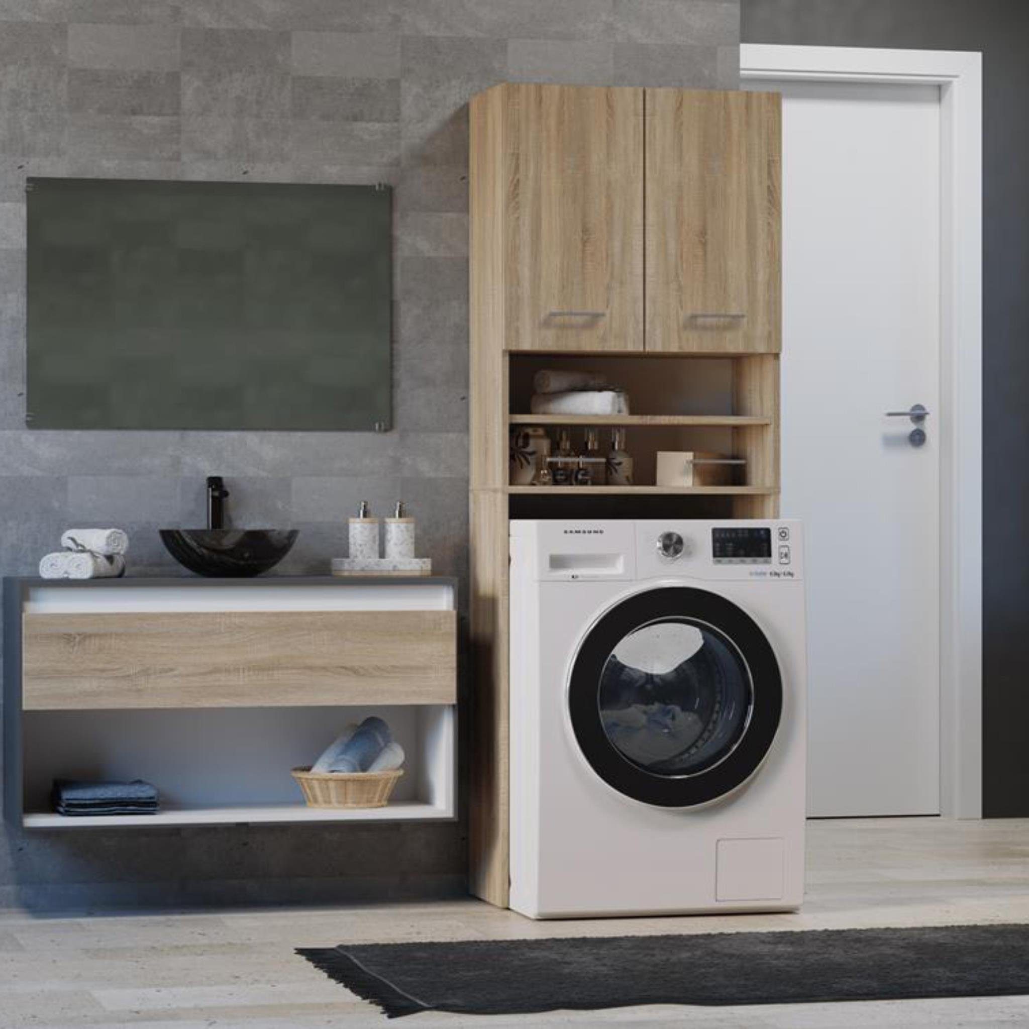 Beautysofa Waschmaschinenumbauschrank Ivy DK (Badschrank mit offenes Regale, Badezimmerschrank mit 2 Drehtüren) silberfarbig Kunststoffgriffe, 4 Fächer