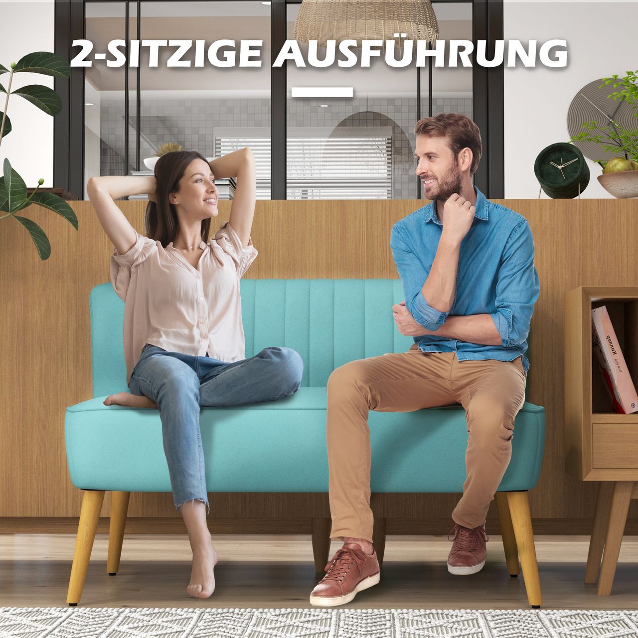 HOMCOM 2-Sitzer Sofa Zweisitzer, Loveseat mit Leinenoptik, Holzbeine, Grün