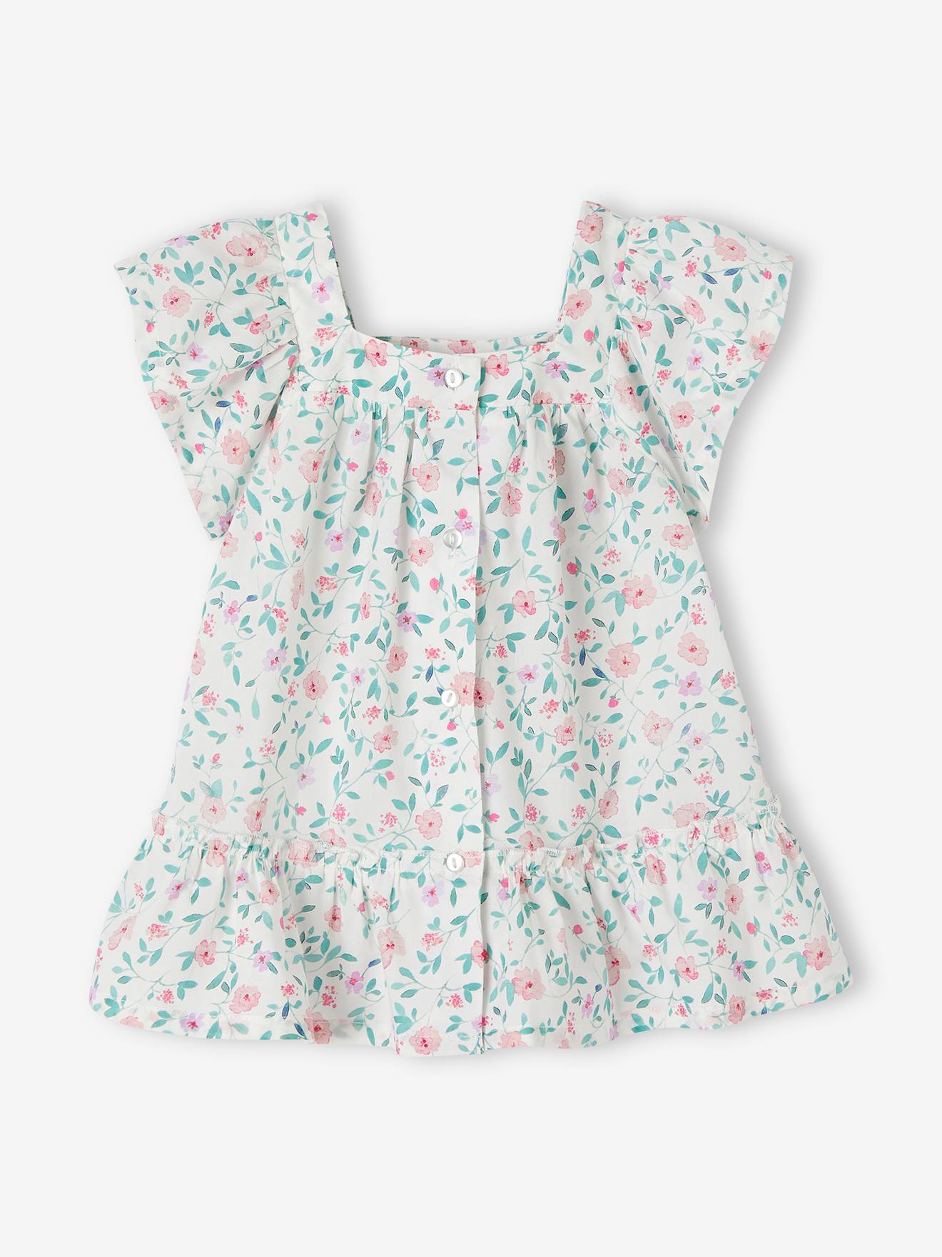 Vertbaudet Geblümtes Baby Kleid mit Schmetterlingsärmeln - wollweiß