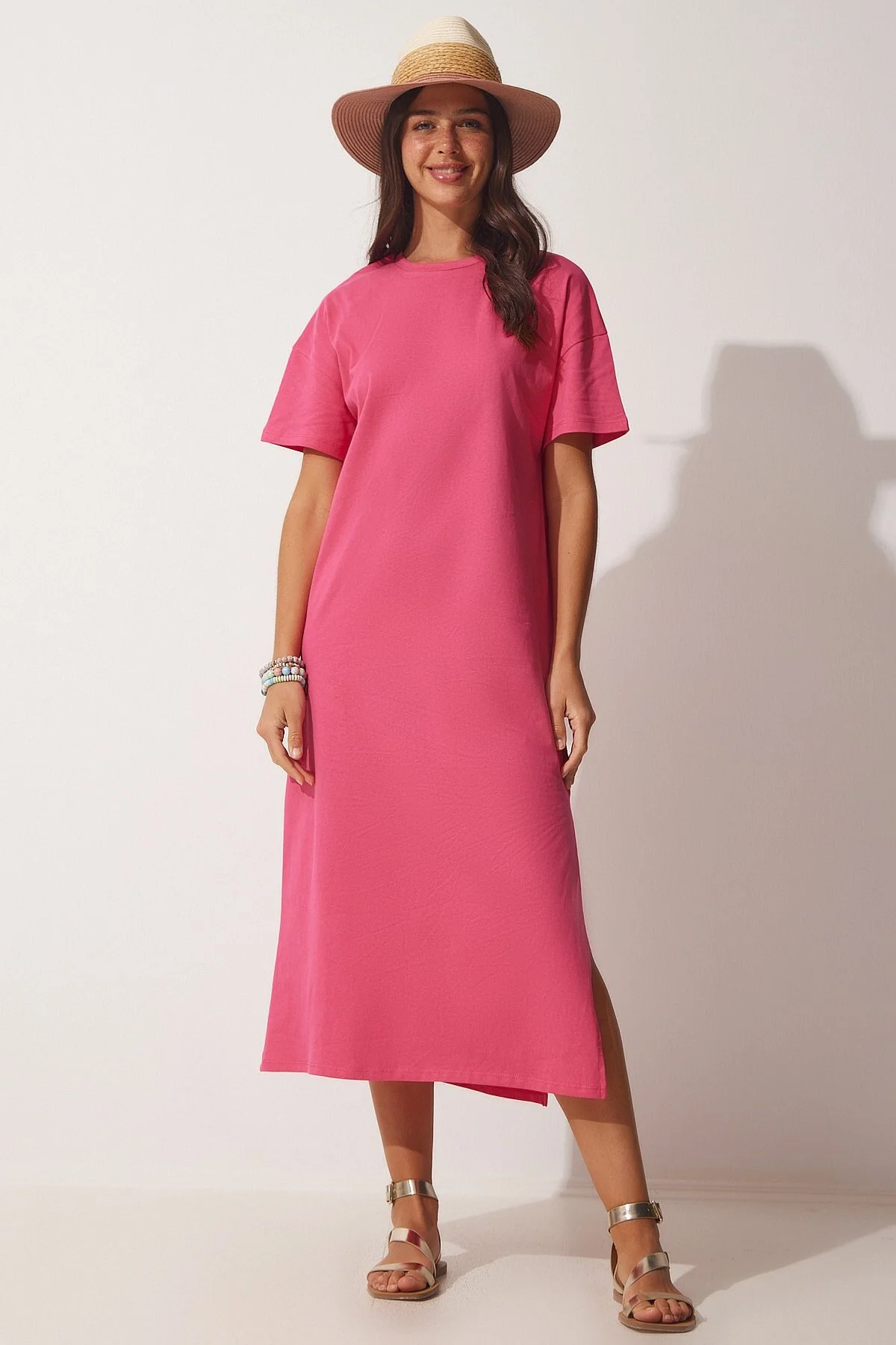 Happiness İstanbul  Damen-Sommerkleid aus gekämmter Baumwolle in Rosa aus Baumwolle UB00080