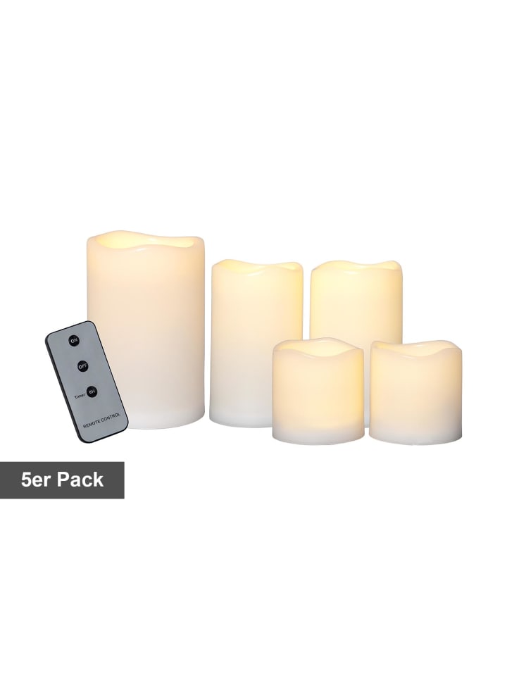 STAR Trading Kerzen-Set Paul, Stumpenkerzen, 5 Stück, Elfenbein, LED, Timer, Fernbe günstig kaufen onesize