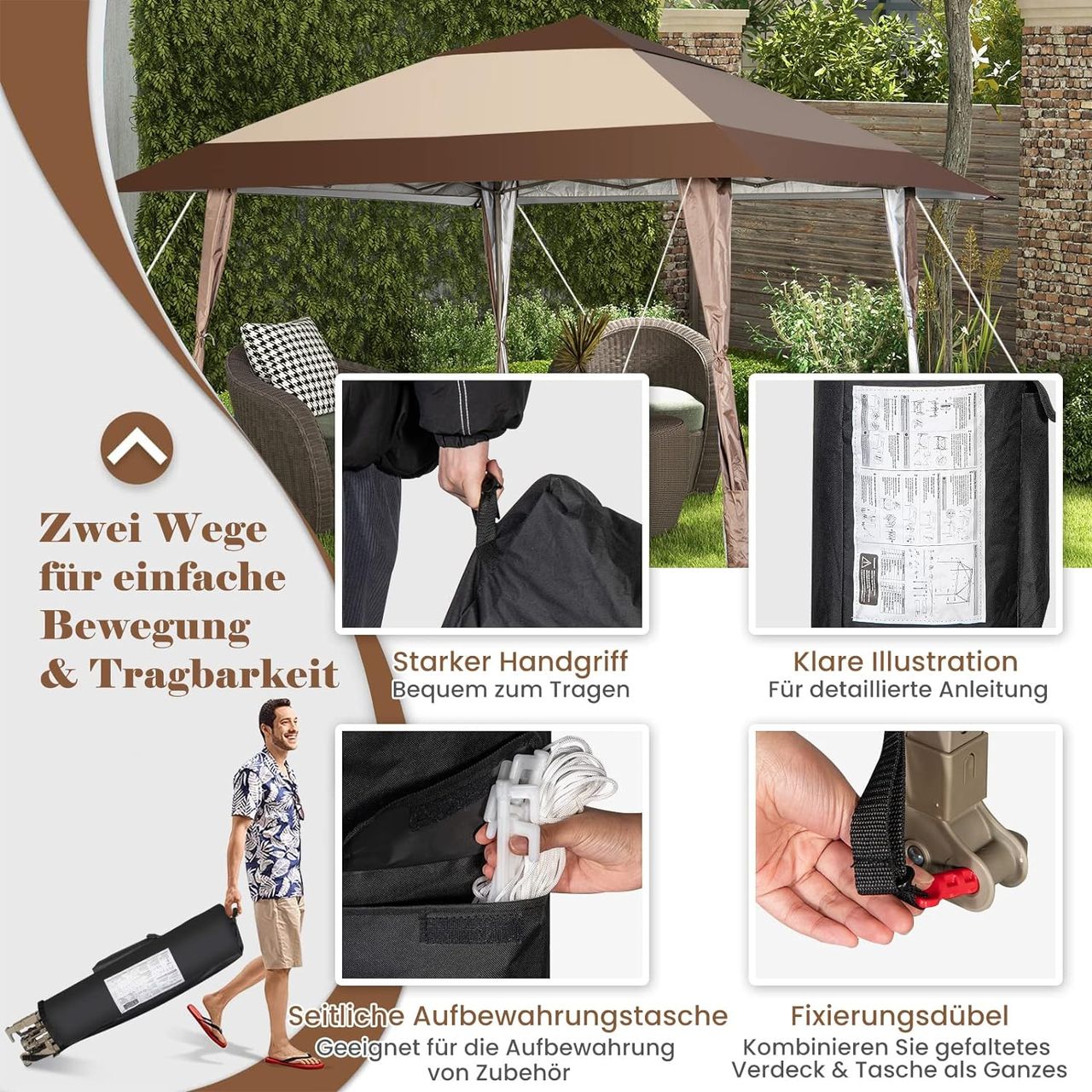Costway 4x4m Faltpavillon, Pop Up Pavillon mit Rollen