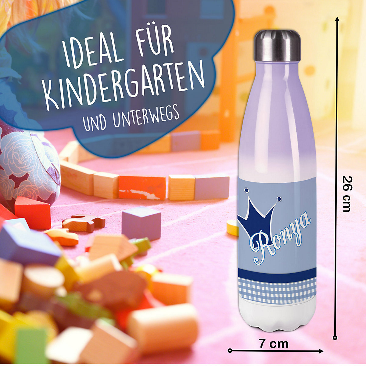 Edelstahl Kinder Thermoflasche / Trinkflasche bunt Krone Farbe blau Spülmaschinenfest, Auslaufsicher, Bruchfest, Doppelwandig, Für Heißgetränke geeignet, Mit Deckel, Isoliert
