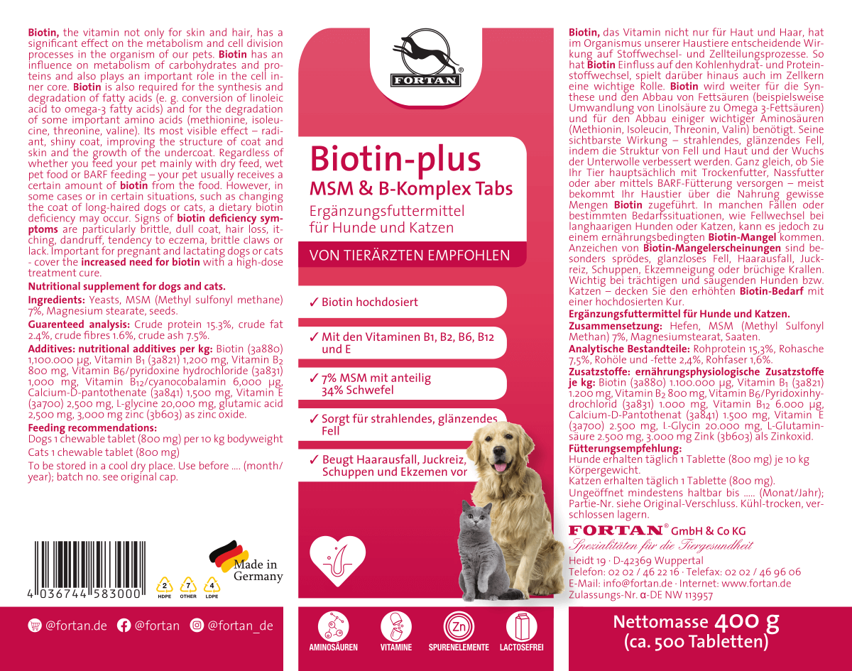 Fortan Ergänzungsfutter & Aufzucht Fortan Biotin-plus MSM & B-Komplex Tabs 400 g