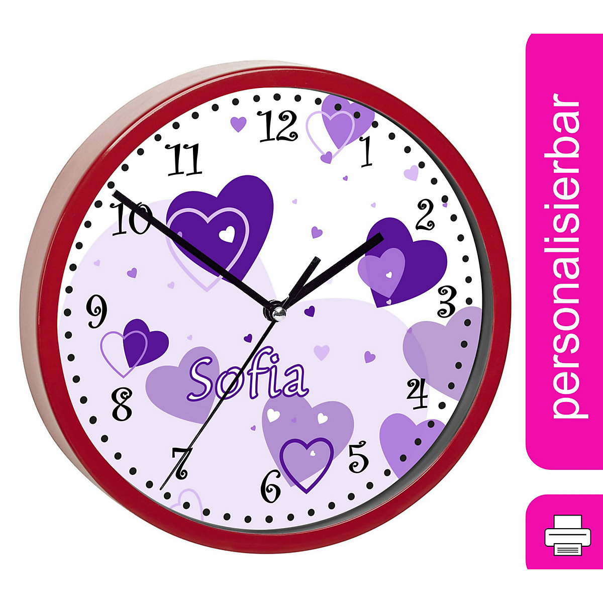 Kinder Wanduhr personalisiert mit Name Herz Lila