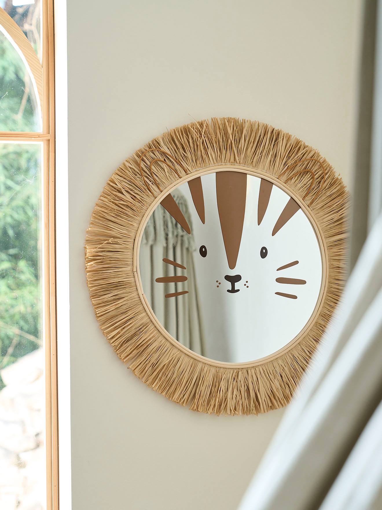Vertbaudet Kinderzimmer XL Spiegel LÖWE aus Naturbast und Rattan - braun