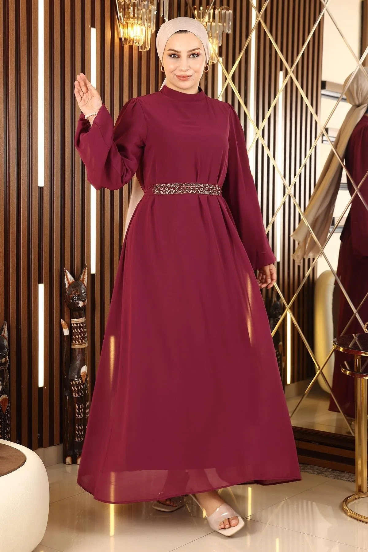 Modamihram  Chiffon-Abendkleid mit Gürteldetail Pflaume 13304