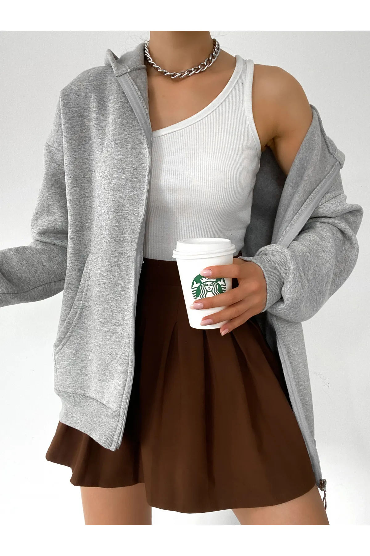 BEJNA  Grauer Oversize-Sweat-Cardigan mit Reißverschluss für Damen