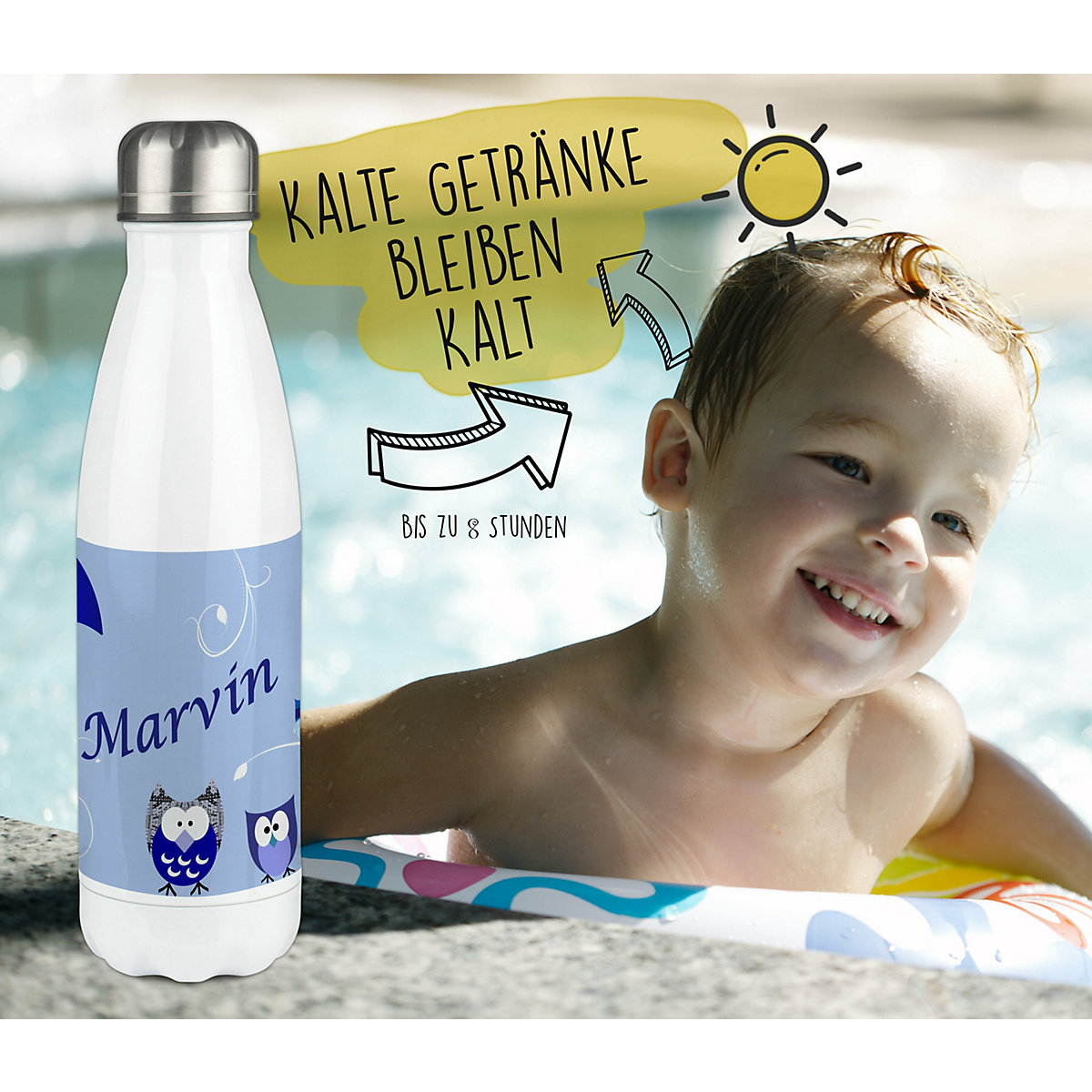 Edelstahl Kinder Thermoflasche / Trinkflasche bunt Eule Farbe blau Spülmaschinenfest, Auslaufsicher, Bruchfest, Doppelwandig, Für Heißgetränke geeignet, Mit Deckel, Isoliert