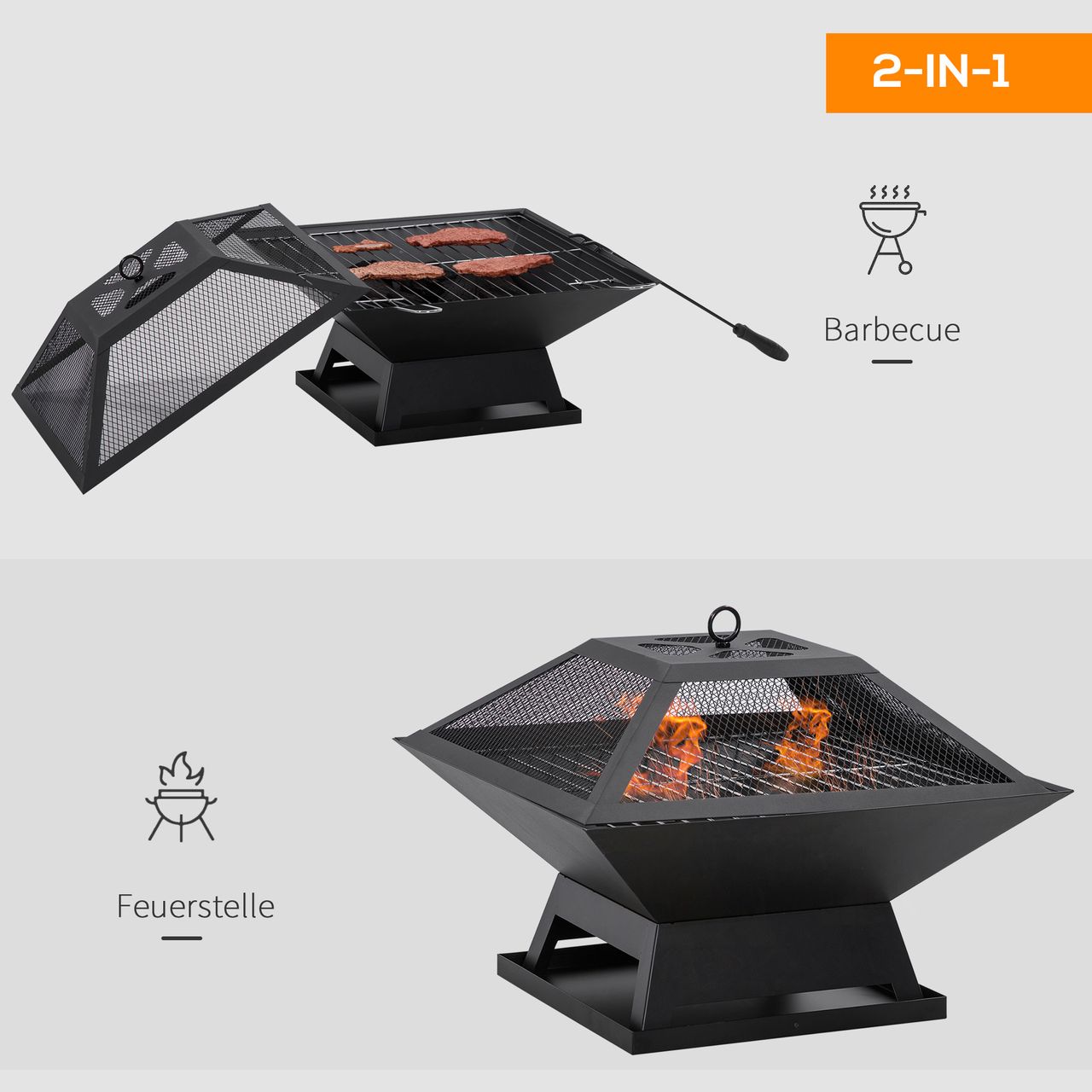 Outsunny Feuerschale mit Funkenschutz Grillrost Schürhaken Feuerkorb Feuerstelle für Garten Camping BBQ Stahl Schwarz 45 x 45 x 34 cm