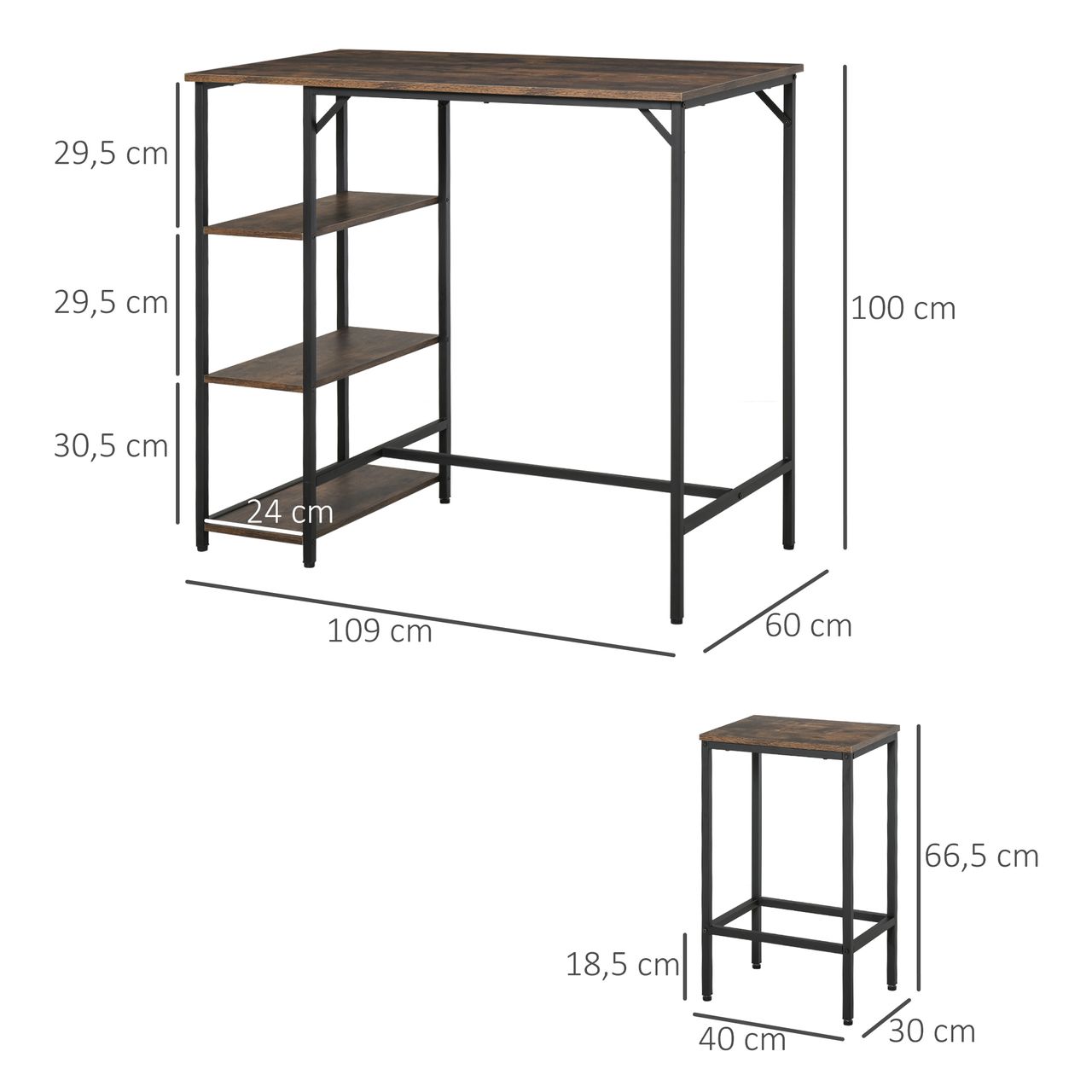 HOMCOM Bartisch-Set Stehtisch mit 2 Barhockern 3-teiliges Tischset Küchentresen mit Regale Spanplatte Stahl Rustikales Braun Schwarz 109 x 60 x 100 cm