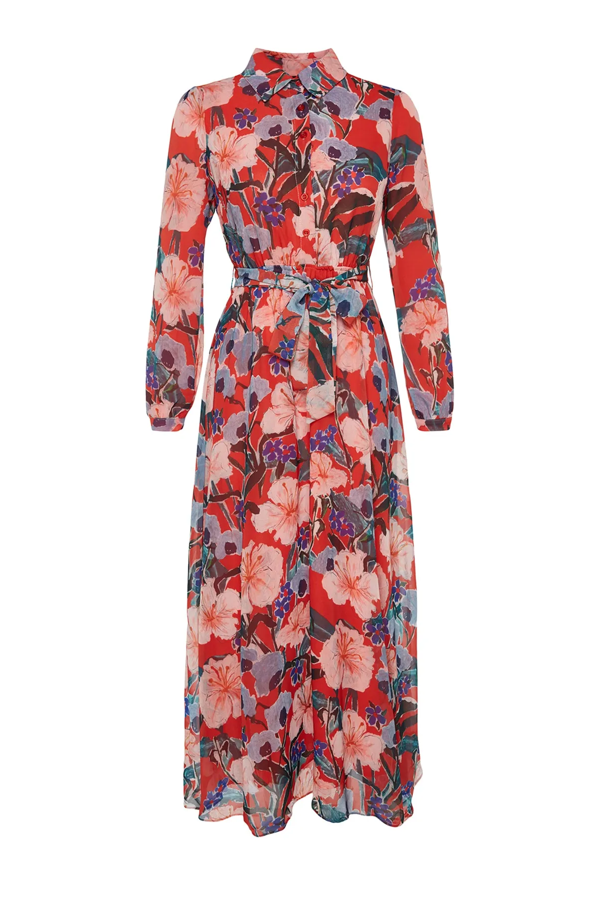 Trendyol Modest  Mehrfarbiges Kleid aus gewebtem Chiffon mit Hemdkragen, Blumendruck, Gürtel und Futter TCTSS22EB0035